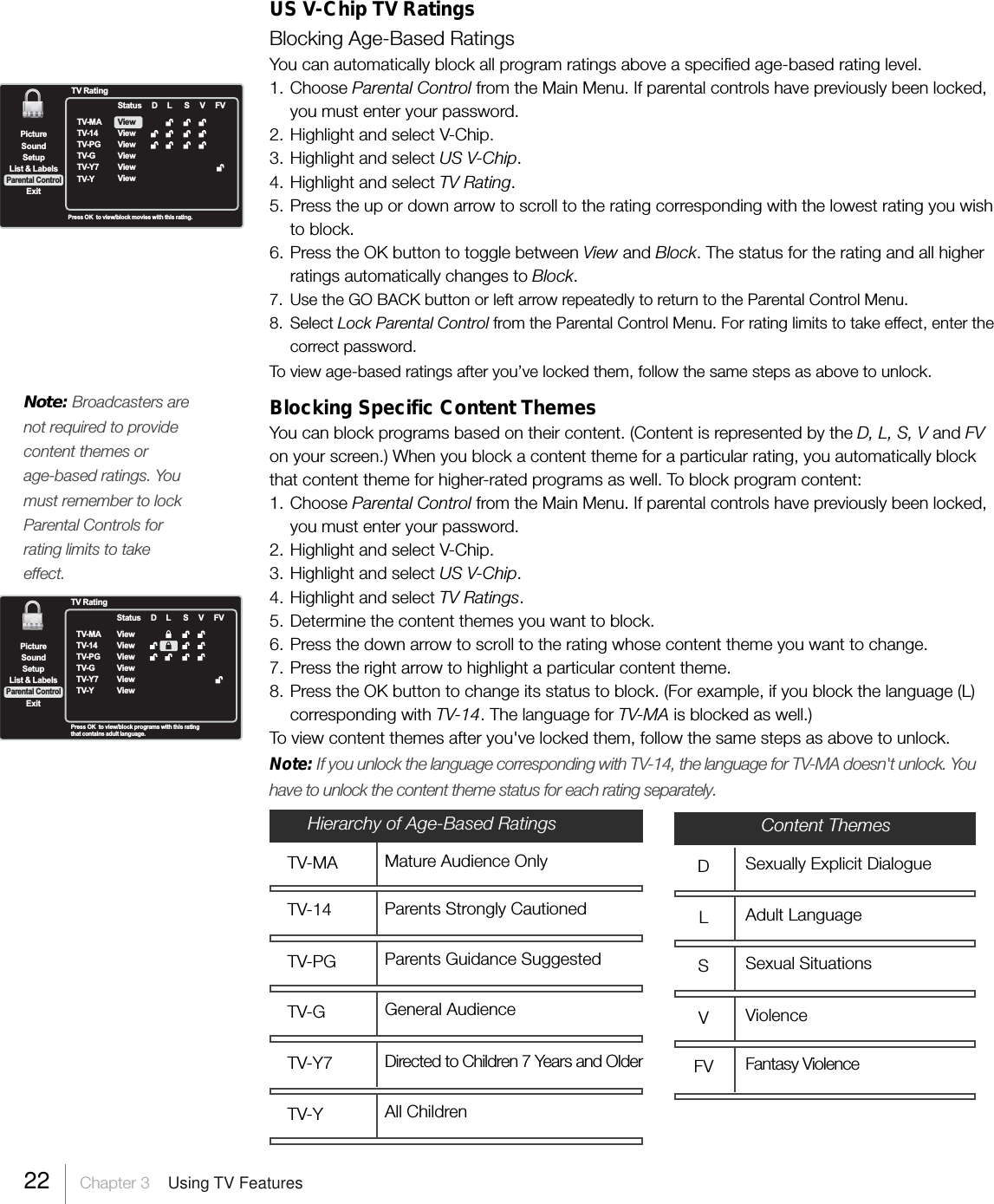 SetupList &amp; LabelsParental ControlSoundExitPictureTV RatingTV-MATV-14TV-PGTV-GTV-Y7TV-YStatusViewViewViewViewViewViewDL SVFVPress OK  to view/block movies with this rating.SetupList &amp; LabelsParental ControlSoundExitPictureTV RatingTV-MATV-14TV-PGTV-GTV-Y7TV-Y StatusViewViewViewViewViewViewDSVFVLPress OK   to view/block programs with this rating that contains adult language.Note: Broadcasters arenot required to providecontent themes orage-based ratings. Youmust remember to lockParental Controls forrating limits to takeeffect.22     Chapter 3    Using TV FeaturesUS V-Chip TV RatingsBlocking Age-Based RatingsYou can automatically block all program ratings above a specified age-based rating level.1. Choose Parental Control from the Main Menu. If parental controls have previously been locked,you must enter your password.2. Highlight and select V-Chip.3. Highlight and select US V-Chip.4. Highlight and select TV Rating.5. Press the up or down arrow to scroll to the rating corresponding with the lowest rating you wishto block.6. Press the OK button to toggle between View and Block. The status for the rating and all higherratings automatically changes to Block.7. Use the GO BACK button or left arrow repeatedly to return to the Parental Control Menu.8. Select Lock Parental Control from the Parental Control Menu. For rating limits to take effect, enter thecorrect password.To view age-based ratings after you’ve locked them, follow the same steps as above to unlock.Blocking Specific Content ThemesYou can block programs based on their content. (Content is represented by the D, L, S, V and FVon your screen.) When you block a content theme for a particular rating, you automatically blockthat content theme for higher-rated programs as well. To block program content:1. Choose Parental Control from the Main Menu. If parental controls have previously been locked,you must enter your password.2. Highlight and select V-Chip.3. Highlight and select US V-Chip.4. Highlight and select TV Ratings.5. Determine the content themes you want to block.6. Press the down arrow to scroll to the rating whose content theme you want to change.7. Press the right arrow to highlight a particular content theme.8. Press the OK button to change its status to block. (For example, if you block the language (L)corresponding with TV-14. The language for TV-MA is blocked as well.)To view content themes after you&apos;ve locked them, follow the same steps as above to unlock.Note: If you unlock the language corresponding with TV-14, the language for TV-MA doesn&apos;t unlock. Youhave to unlock the content theme status for each rating separately.Hierarchy of Age-Based RatingsTV-MA Mature Audience OnlyTV-14 Parents Strongly CautionedTV-PG Parents Guidance SuggestedTV-G General AudienceTV-Y7 Directed to Children 7 Years and OlderTV-Y All ChildrenDSexually Explicit DialogueLAdult LanguageSSexual SituationsVViolenceFV Fantasy ViolenceContent Themes