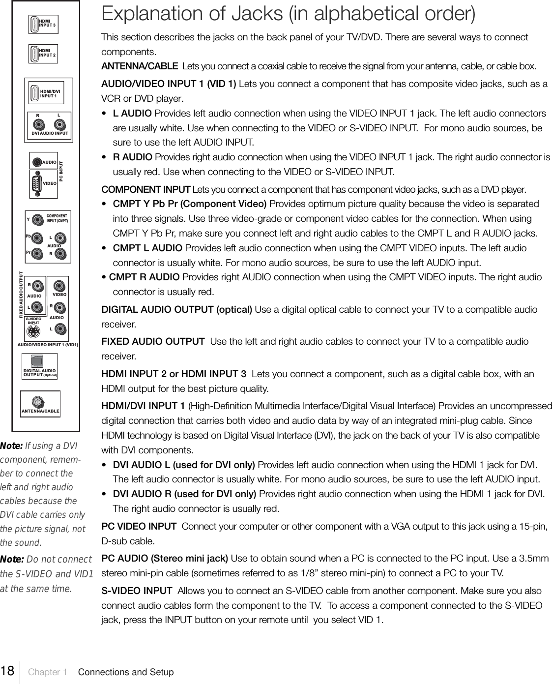 Explanation of Jacks (in alphabetical order)This section describes the jacks on the back panel of your TV/DVD. There are several ways to connectcomponents.ANTENNA/CABLE  Lets you connect a coaxial cable to receive the signal from your antenna, cable, or cable box.AUDIO/VIDEO INPUT 1 (VID 1) Lets you connect a component that has composite video jacks, such as aVCR or DVD player.•L AUDIO Provides left audio connection when using the VIDEO INPUT 1 jack. The left audio connectorsare usually white. Use when connecting to the VIDEO or S-VIDEO INPUT.  For mono audio sources, besure to use the left AUDIO INPUT.•R AUDIO Provides right audio connection when using the VIDEO INPUT 1 jack. The right audio connector isusually red. Use when connecting to the VIDEO or S-VIDEO INPUT.COMPONENT INPUT Lets you connect a component that has component video jacks, such as a DVD player.•CMPT Y Pb Pr (Component Video) Provides optimum picture quality because the video is separatedinto three signals. Use three video-grade or component video cables for the connection. When usingCMPT Y Pb Pr, make sure you connect left and right audio cables to the CMPT L and R AUDIO jacks.•CMPT L AUDIO Provides left audio connection when using the CMPT VIDEO inputs. The left audioconnector is usually white. For mono audio sources, be sure to use the left AUDIO input.• CMPT R AUDIO Provides right AUDIO connection when using the CMPT VIDEO inputs. The right audioconnector is usually red.DIGITAL AUDIO OUTPUT (optical) Use a digital optical cable to connect your TV to a compatible audioreceiver.FIXED AUDIO OUTPUT  Use the left and right audio cables to connect your TV to a compatible audioreceiver.HDMI INPUT 2 or HDMI INPUT 3  Lets you connect a component, such as a digital cable box, with anHDMI output for the best picture quality.HDMI/DVI INPUT 1 (High-Definition Multimedia Interface/Digital Visual Interface) Provides an uncompresseddigital connection that carries both video and audio data by way of an integrated mini-plug cable. SinceHDMI technology is based on Digital Visual Interface (DVI), the jack on the back of your TV is also compatiblewith DVI components.•DVI AUDIO L (used for DVI only) Provides left audio connection when using the HDMI 1 jack for DVI.The left audio connector is usually white. For mono audio sources, be sure to use the left AUDIO input.•DVI AUDIO R (used for DVI only) Provides right audio connection when using the HDMI 1 jack for DVI.The right audio connector is usually red.PC VIDEO INPUT  Connect your computer or other component with a VGA output to this jack using a 15-pin,D-sub cable.PC AUDIO (Stereo mini jack) Use to obtain sound when a PC is connected to the PC input. Use a 3.5mmstereo mini-pin cable (sometimes referred to as 1/8” stereo mini-pin) to connect a PC to your TV.S-VIDEO INPUT  Allows you to connect an S-VIDEO cable from another component. Make sure you alsoconnect audio cables form the component to the TV.  To access a component connected to the S-VIDEOjack, press the INPUT button on your remote until  you select VID 1.Note: If using a DVIcomponent, remem-ber to connect theleft and right audiocables because theDVI cable carries onlythe picture signal, notthe sound.HDMIINPUT 3AUDIOPC INPUTVIDEOANTENNA/CABLECOMPONENTINPUT (CMPT) YPbPrDIGITAL AUDIOOUTPUT (Optical)LAUDIORFIXED AUDIO OUTPUTAUDIO/VIDEO INPUT 1 (VID1)HDMI/DVIINPUT 1DVI AUDIO INPUTLRAUDIORLLAUDIORVIDEOHDMIINPUT 2S-VIDEOINPUTNote: Do not connectthe S-VIDEO and VID1at the same time.18    Chapter 1    Connections and Setup