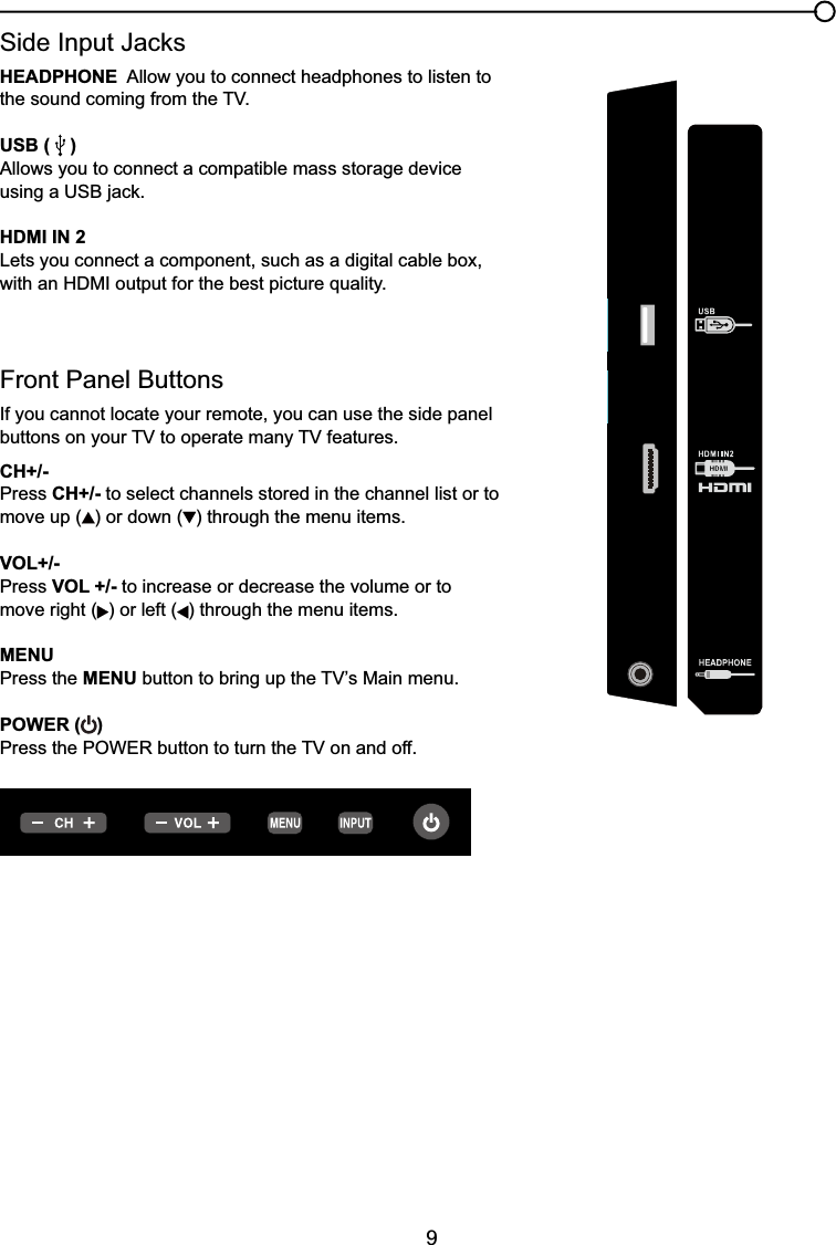 96LGH,QSXW-DFNVHEADPHONE  Allow you to connect headphones to listen to WKHVRXQGFRPLQJIURPWKH79USB (    )Allows you to connect a compatible mass storage device XVLQJD86%MDFNHDMI IN 2 Lets you connect a component, such as a digital cable box, ZLWKDQ+&apos;0,RXWSXWIRUWKHEHVWSLFWXUHTXDOLW\Front Panel ButtonsIf you cannot locate your remote, you can use the side panel buttonsRQ\RXU79WRRSHUDWHPDQ\79IHDWXUHVCH+/-Press CH+/- to select channels stored in the channel list or to move up ( ) or down ( ) through the menu items.VOL+/-Press VOL +/- to increase or decrease the volume or to move right ( ) or left ( ) through the menu items.MENUPress the MENUEXWWRQWREULQJXSWKH79¶V0DLQPHQXPOWER ( )3UHVVWKH32:(5EXWWRQWRWXUQWKH79RQDQGRII