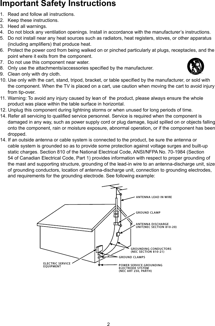 2ANTENNA LEAD IN WIREGROUND CLAMPGROUNDING CONDUCTORS(NEC SECTION 810-21)GROUND CLAMPSPOWER SERVICE GROUNDINGELECTRODE SYSTEM(NEC ART 250, PARTH)ELECTRIC SERVICEEQUIPMENTANTENNA DISCHARGE UNIT(NEC SECTION 810-20)Important Safety Instructions1.  Read and follow all instructions.2.  Keep these instructions.3.  Heed all warnings.4.  Do not block any ventilation openings. Install in accordance with the manufacturer’s instructions.5.  Do not install near any heat sources such as radiators, heat registers, stoves, or other apparatus    (including ampliers) that produce heat.6.  Protect the power cord from being walked on or pinched particularly at plugs, receptacles, and the    point where it exits from the component.7.  Do not use this component near water.8.  Only use the attachments/accessories specied by the manufacturer.9.   Clean only with dry cloth.10. Use only with the cart, stand, tripod, bracket, or table specied by the manufacturer, or sold with    the component. When the TV is placed on a cart, use caution when moving the cart to avoid injury    from tip-over.11. Warning: To avoid any injury caused by lean of  the product, please always ensure the whole    product was place within the table surface in horizontal.12. Unplug this component during lightning storms or when unused for long periods of time.14. Refer all servicing to qualied service personnel. Service is required when the component is    damaged in any way, such as power supply cord or plug damage, liquid spilled on or objects falling    onto the component, rain or moisture exposure, abnormal operation, or if the component has been    dropped.14. If an outside antenna or cable system is connected to the product, be sure the antenna or    cable system is grounded so as to provide some protection against voltage surges and built-up    static charges. Section 810 of the National Electrical Code, ANSI/NFPA No. 70-1984 (Section    54 of Canadian Electrical Code, Part 1) provides information with respect to proper grounding of    the mast and supporting structure, grounding of the lead-in wire to an antenna-discharge unit, size    of grounding conductors, location of antenna-discharge unit, connection to grounding electrodes,    and requirements for the grounding electrode. See following example: