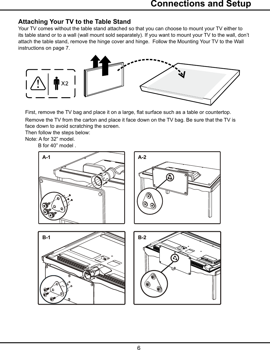  6Attaching Your TV to the Table StandYour TV comes without the table stand attached so that you can choose to mount your TV either to its table stand or to a wall (wall mount sold separately). If you want to mount your TV to the wall, don’t attach the table stand, remove the hinge cover and hinge.  Follow the Mounting Your TV to the Wall instructions on page 7.First, remove the TV bag and place it on a large, at surface such as a table or countertop. Remove the TV from the carton and place it face down on the TV bag. Be sure that the TV is face down to avoid scratching the screen.Then follow the steps below:Note: A for 32” model.         B for 40” model .A-1 A-2B-1 B-2  Connections and Setup