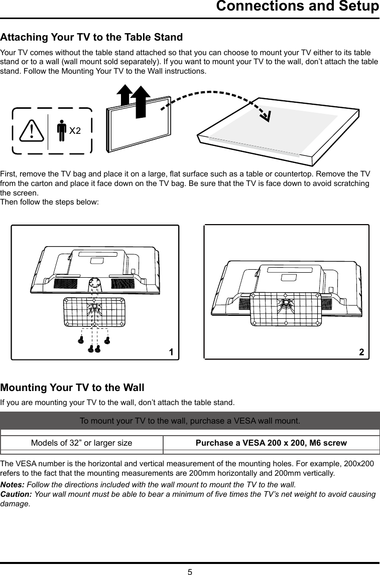 5Connections and SetupAttaching Your TV to the Table StandYour TV comes without the table stand attached so that you can choose to mount your TV either to its table stand or to a wall (wall mount sold separately). If you want to mount your TV to the wall, don’t attach the table stand. Follow the Mounting Your TV to the Wall instructions.First, remove the TV bag and place it on a large, at surface such as a table or countertop. Remove the TV from the carton and place it face down on the TV bag. Be sure that the TV is face down to avoid scratching the screen.Then follow the steps below:Mounting Your TV to the WallIf you are mounting your TV to the wall, don’t attach the table stand. To mount your TV to the wall, purchase a VESA wall mount.Models of 32” or larger size Purchase a VESA 200 x 200, M6 screwThe VESA number is the horizontal and vertical measurement of the mounting holes. For example, 200x200 refers to the fact that the mounting measurements are 200mm horizontally and 200mm vertically.Notes: Follow the directions included with the wall mount to mount the TV to the wall.Caution: Your wall mount must be able to bear a minimum of ve times the TV’s net weight to avoid causing damage.