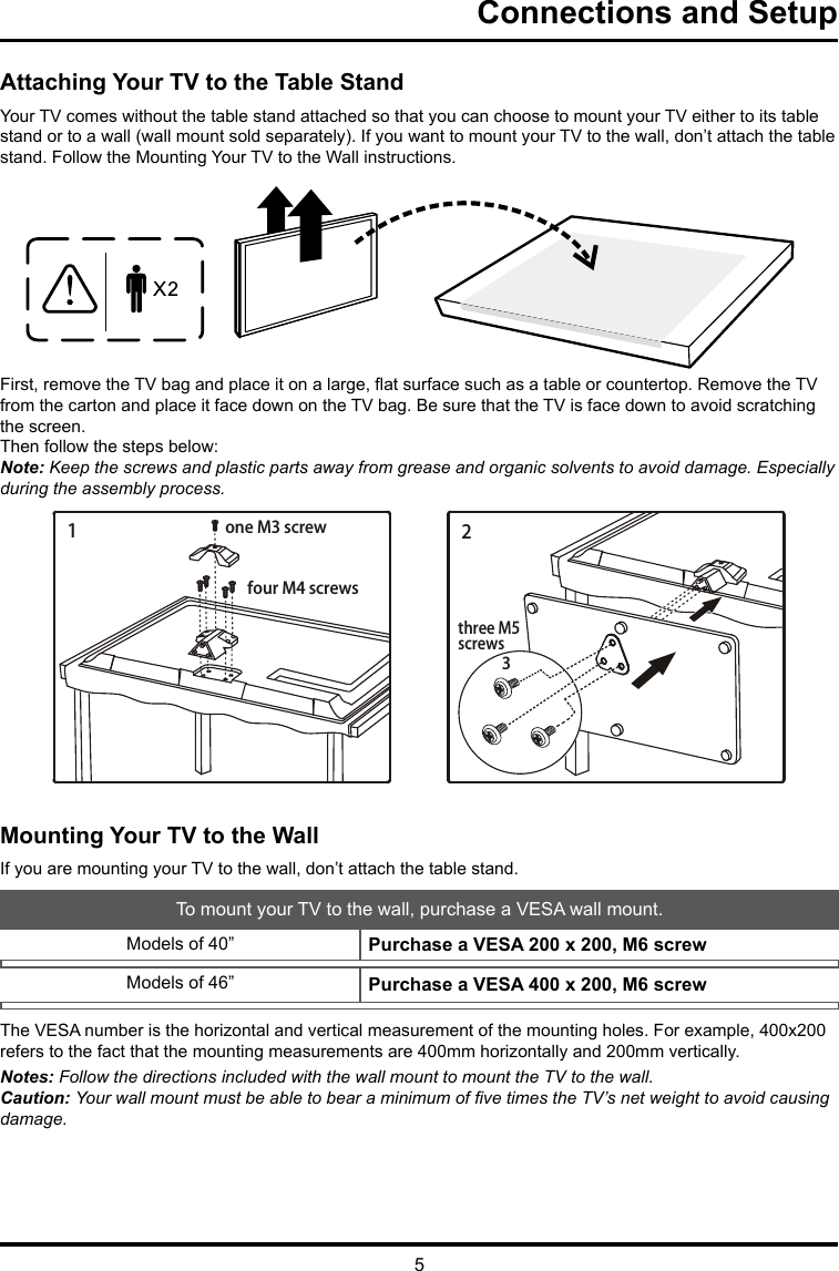 5Connections and SetupAttaching Your TV to the Table StandYour TV comes without the table stand attached so that you can choose to mount your TV either to its table stand or to a wall (wall mount sold separately). If you want to mount your TV to the wall, don’t attach the table stand. Follow the Mounting Your TV to the Wall instructions.First, remove the TV bag and place it on a large, at surface such as a table or countertop. Remove the TV from the carton and place it face down on the TV bag. Be sure that the TV is face down to avoid scratching the screen.Then follow the steps below:Note: Keep the screws and plastic parts away from grease and organic solvents to avoid damage. Especially during the assembly process.Mounting Your TV to the WallIf you are mounting your TV to the wall, don’t attach the table stand. To mount your TV to the wall, purchase a VESA wall mount.Models of 40”   Purchase a VESA 200 x 200, M6 screwModels of 46”  Purchase a VESA 400 x 200, M6 screw  The VESA number is the horizontal and vertical measurement of the mounting holes. For example, 400x200 refers to the fact that the mounting measurements are 400mm horizontally and 200mm vertically.Notes: Follow the directions included with the wall mount to mount the TV to the wall.Caution: Your wall mount must be able to bear a minimum of ve times the TV’s net weight to avoid causing damage.1one M3 screwfour M4 screwsthree M5screws32