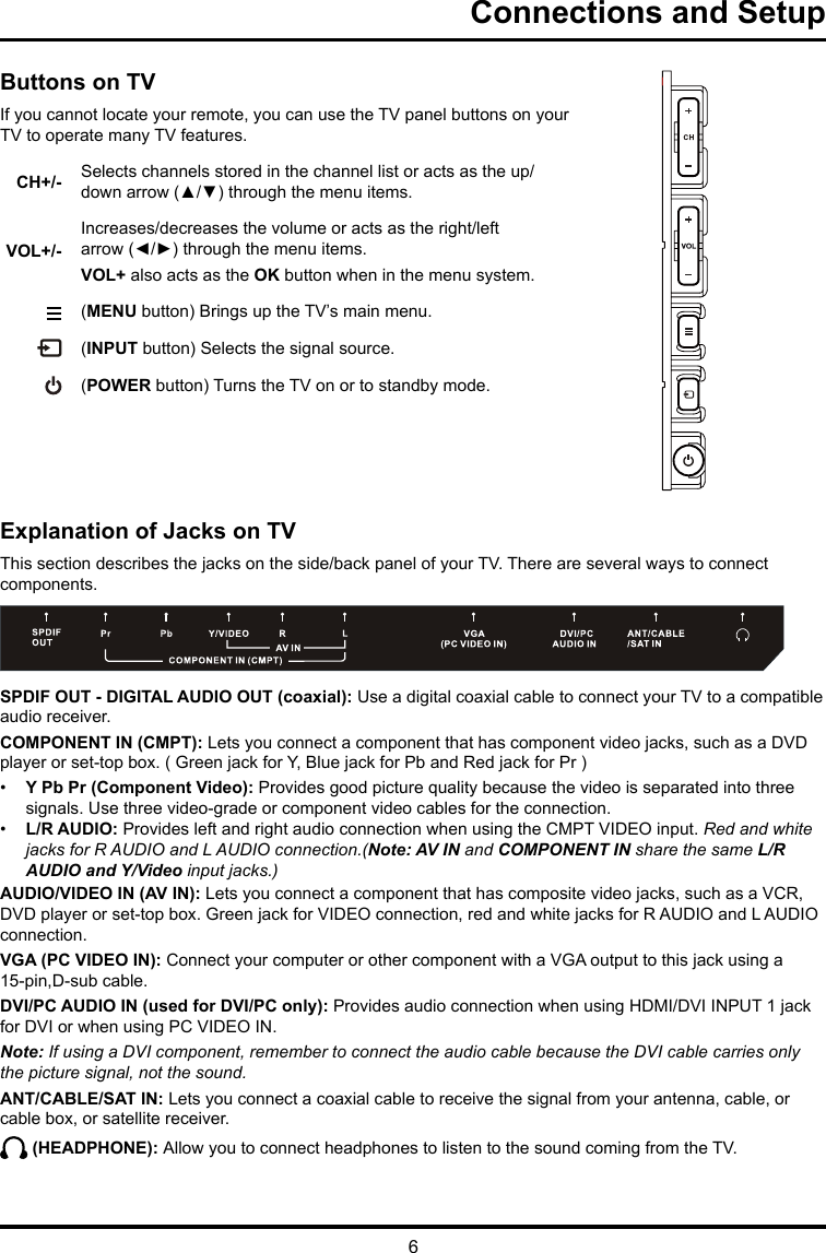 6Connections and SetupExplanation of Jacks on TVThis section describes the jacks on the side/back panel of your TV. There are several ways to connect components.SPDIF OUT - DIGITAL AUDIO OUT (coaxial): Use a digital coaxial cable to connect your TV to a compatible audio receiver. COMPONENT IN (CMPT): Lets you connect a component that has component video jacks, such as a DVD player or set-top box. ( Green jack for Y, Blue jack for Pb and Red jack for Pr ) •  Y Pb Pr (Component Video): Provides good picture quality because the video is separated into three signals. Use three video-grade or component video cables for the connection. •  L/R AUDIO: Provides left and right audio connection when using the CMPT VIDEO input. Red and white jacks for R AUDIO and L AUDIO connection.(Note: AV IN and COMPONENT IN share the same L/R AUDIO and Y/Video input jacks.)AUDIO/VIDEO IN (AV IN): Lets you connect a component that has composite video jacks, such as a VCR, DVD player or set-top box. Green jack for VIDEO connection, red and white jacks for R AUDIO and L AUDIO connection.  VGA (PC VIDEO IN): Connect your computer or other component with a VGA output to this jack using a 15-pin,D-sub cable.DVI/PC AUDIO IN (used for DVI/PC only): Provides audio connection when using HDMI/DVI INPUT 1 jack for DVI or when using PC VIDEO IN. Note: If using a DVI component, remember to connect the audio cable because the DVI cable carries only the picture signal, not the sound.ANT/CABLE/SAT IN: Lets you connect a coaxial cable to receive the signal from your antenna, cable, or cable box, or satellite receiver. (HEADPHONE): Allow you to connect headphones to listen to the sound coming from the TV.Buttons on TVIf you cannot locate your remote, you can use the TV panel buttons on your TV to operate many TV features.CH+/- Selects channels stored in the channel list or acts as the up/down arrow (▲/▼) through the menu items.VOL+/-Increases/decreases the volume or acts as the right/left arrow (◄/►) through the menu items.VOL+ also acts as the OK button when in the menu system. (MENU button) Brings up the TV’s main menu.  (INPUT button) Selects the signal source.  (POWER button) Turns the TV on or to standby mode.