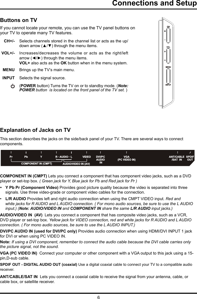 6   Connections and SetupButtons on TVIf you cannot locate your remote, you can use the TV panel buttons on your TV to operate many TV features.CH+/- Selects channels stored in the channel list or acts as the up/down arrow (▲/▼) through the menu items.VOL+/- Increases/decreases the volume  or acts as  the right/left arrow (◄/►) through the menu items.VOL+ also acts as the OK button when in the menu system.MENU Brings up the TV’s main menu. INPUT  Selects the signal source.  (POWER button) Turns the TV on or to standby mode. (Note: POWER button  is located on the front panel of the TV set. )   Explanation of Jacks on TVThis section describes the jacks on the side/back panel of your TV. There are several ways to connect components.COMPONENT IN (CMPT) Lets you connect a component that has component video jacks, such as a DVD player or set-top box. ( Green jack for Y, Blue jack for Pb and Red jack for Pr ) • Y Pb Pr (Component Video) Provides good picture quality because the video is separated into three  signals. Use three video-grade or component video cables for the connection. •    L/R AUDIO Provides left and right audio connection when using the CMPT VIDEO input. Red and white jacks for R AUDIO and L AUDIO connection. ( For mono audio sources, be sure to use the L AUDIO input.) (Note: AUDIO/VIDEO IN and COMPONENT IN share the same L/R AUDIO input jacks.)AUDIO/VIDEO IN  (AV)  Lets you connect a component that has composite video jacks, such as a VCR, DVD player or set-top box. Yellow jack for VIDEO connection, red and white jacks for R AUDIO and L AUDIO connection. ( For mono audio sources, be sure to use the L AUDIO INPUT.) DVI/PC AUDIO IN (used for DVI/PC only) Provides audio connection when using HDMI/DVI INPUT 1 jack for DVI or when using PC VIDEO IN. Note: If using a DVI component, remember to connect the audio cable because the DVI cable carries only the picture signal, not the sound.VGA (PC VIDEO IN)  Connect your computer or other component with a VGA output to this jack using a 15-pin,D-sub cable.SPDIF OUT - DIGITAL AUDIO OUT (coaxial) Use a digital coaxial cable to connect your TV to a compatible audio receiver. ANT/CABLE/SAT IN  Lets you connect a coaxial cable to receive the signal from your antenna, cable, or cable box, or satellite receiver.MENUINPUTMENUINPUTSPDIF OUTDVI/PCAUDIO INCOMPONENT IN (CMPT)ANT/CABLE/SAT  INVGA(PC VIDEO IN)VIDEOYPbPr LRAUDIOAUDIO/VIDEO IN (AV)