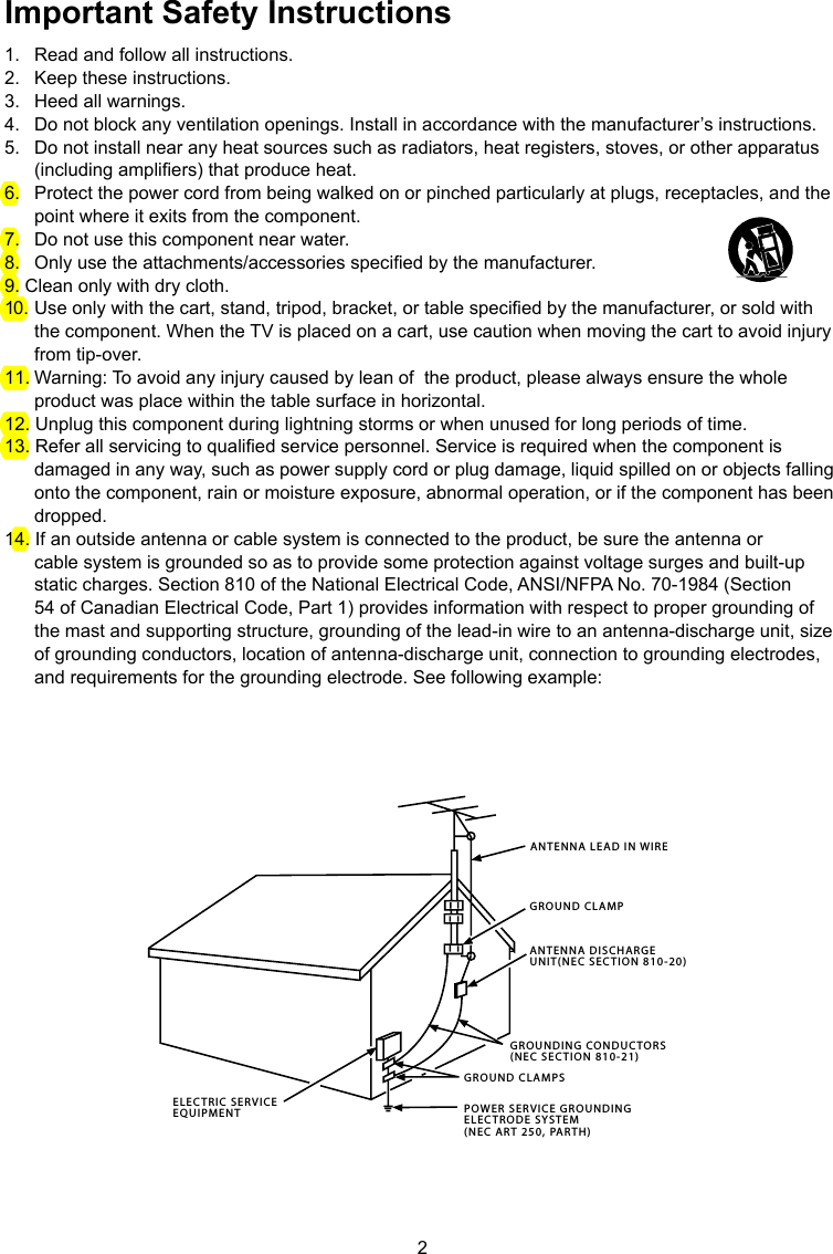 2ANTENNA LEAD IN WIREGROUND CLAMPGROUNDING CONDUCTORS(NEC SECTION 810-21)GROUND CLAMPSPOWER SERVICE GROUNDINGELECTRODE SYSTEM(NEC ART 250, PARTH)ELECTRIC SERVICEEQUIPMENTANTENNA DISCHARGE UNIT(NEC SECTION 810-20)Important Safety Instructions1.  Read and follow all instructions.2.  Keep these instructions.3.  Heed all warnings.4.  Do not block any ventilation openings. Install in accordance with the manufacturer’s instructions.5.  Do not install near any heat sources such as radiators, heat registers, stoves, or other apparatus    (including ampliers) that produce heat.6.  Protect the power cord from being walked on or pinched particularly at plugs, receptacles, and the    point where it exits from the component.7.  Do not use this component near water.8.  Only use the attachments/accessories specied by the manufacturer.9. Clean only with dry cloth.10.  Use only with the cart, stand, tripod, bracket, or table specied by the manufacturer, or sold with    the component. When the TV is placed on a cart, use caution when moving the cart to avoid injury    from tip-over.11. Warning: To avoid any injury caused by lean of  the product, please always ensure the whole    product was place within the table surface in horizontal.12. Unplug this component during lightning storms or when unused for long periods of time.13. Refer all servicing to qualied service personnel. Service is required when the component is    damaged in any way, such as power supply cord or plug damage, liquid spilled on or objects falling    onto the component, rain or moisture exposure, abnormal operation, or if the component has been    dropped.14. If an outside antenna or cable system is connected to the product, be sure the antenna or    cable system is grounded so as to provide some protection against voltage surges and built-up    static charges. Section 810 of the National Electrical Code, ANSI/NFPA No. 70-1984 (Section    54 of Canadian Electrical Code, Part 1) provides information with respect to proper grounding of    the mast and supporting structure, grounding of the lead-in wire to an antenna-discharge unit, size    of grounding conductors, location of antenna-discharge unit, connection to grounding electrodes,    and requirements for the grounding electrode. See following example: