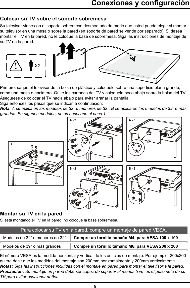 5Para colocar su TV en la pared, compre un montaje de pared VESA.Modelos de 32” o menores de 32” Modelos de 39” o más grandesCompre un tornillo tamaño M4, para VESA 100 x 100Compre un tornillo tamaño M6, para VESA 200 x 200Montar su TV en la paredSi está montando el TV en la pared, no coloque la base sobremesa.B - 3B - 2A - 3A - 21Colocar su TV sobre el soporte sobremesaSu televisor viene con el soporte sobremesa desmontado de modo que usted puede elegir si montar su televisor en una mesa o sobre la pared (en soporte de pared se vende por separado). Si desea montar el TV en la pared, no le coloque la base de sobremesa. Siga las instrucciones de montaje de su TV en la pared.Primero, saque el televisor de la bolsa de plástico y colóquelo sobre una supercie plana grande, como una mesa o encimera. Quite los cartones del TV y colóquela boca abajo sobre la bolsa del TV. Asegúrese de colocar el TV hacia abajo para evitar arañar la pantalla.Siga entonces los pasos que se indican a continuación:Nota: A se aplica en los modelos de 32” o menores de 32”; B se aplica en los modelos de 39” o más grandes. En algunos modelos, no es necesario el paso 1. Conexiones y conguraciónEl número VESA es la medida horizontal y vertical de los oricios de montaje. Por ejemplo, 200x200 quiere decir que las medidas del montaje son 200mm horizontalmente y 200mm verticalmente.Notas: Siga las instrucciones incluidas con el montaje en pared para montar el televisor a la pared.Precaución: Su montaje en pared debe ser capaz de soportar al menos 5 veces el peso neto de su TV para evitar ocasionar daños.