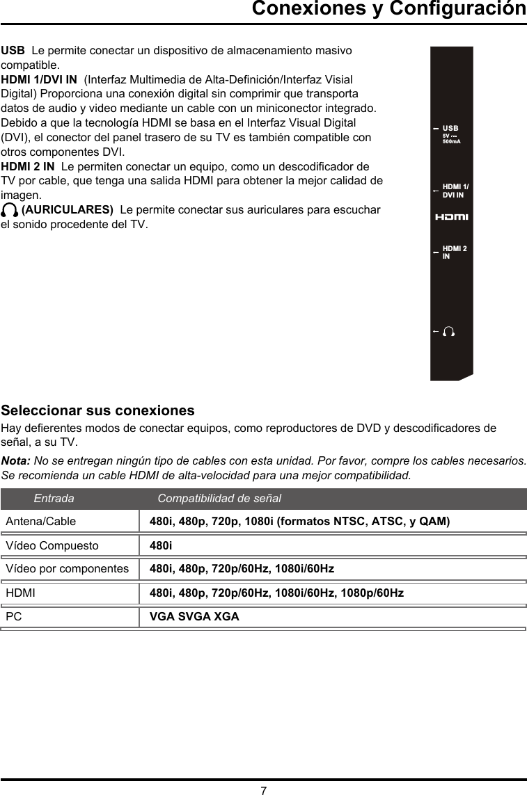 7USB  Le permite conectar un dispositivo de almacenamiento masivo compatible.HDMI 1/DVI IN  (Interfaz Multimedia de Alta-Denición/Interfaz Visial Digital) Proporciona una conexión digital sin comprimir que transporta datos de audio y video mediante un cable con un miniconector integrado. Debido a que la tecnología HDMI se basa en el Interfaz Visual Digital (DVI), el conector del panel trasero de su TV es también compatible con otros componentes DVI.HDMI 2 IN  Le permiten conectar un equipo, como un descodicador de TV por cable, que tenga una salida HDMI para obtener la mejor calidad de imagen.  (AURICULARES)  Le permite conectar sus auriculares para escuchar el sonido procedente del TV.Seleccionar sus conexionesHay deerentes modos de conectar equipos, como reproductores de DVD y descodicadores de señal, a su TV. Nota: No se entregan ningún tipo de cables con esta unidad. Por favor, compre los cables necesarios. Se recomienda un cable HDMI de alta-velocidad para una mejor compatibilidad. Antena/Cable  480i, 480p, 720p, 1080i (formatos NTSC, ATSC, y QAM)Entrada Compatibilidad de señalVídeo Compuesto  480iVídeo por componentes  480i, 480p, 720p/60Hz, 1080i/60HzHDMI  480i, 480p, 720p/60Hz, 1080i/60Hz, 1080p/60HzPC  VGA SVGA XGAHDMI 1/DVI INHDMI 2 INUSB5V  500mAConexiones y Conguración