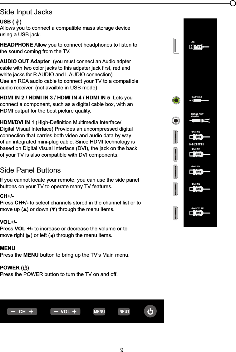 96LGH,QSXW-DFNVUSB (    )Allows you to connect a compatible mass storage device XVLQJD86%MDFNHEADPHONE Allow you to connect headphones to listen to WKHVRXQGFRPLQJIURPWKH79AUDIO OUT Adapter  (you must connect an Audio adpter FDEOHZLWKWZRFRORUMDFNVWRWKLVDGSDWHUMDFN¿UVWUHGDQGZKLWHMDFNVIRU5$8&apos;,2DQG/$8&apos;,2FRQQHFWLRQ8VHDQ5&amp;$DXGLRFDEOHWRFRQQHFW\RXU79WRDFRPSDWLEOHaudio receiver. (not availble in USB mode)HDMI IN 2 / HDMI IN 3 / HDMI IN 4 / HDMI IN 5 Lets you connect a component, such as a digital cable box, with an +&apos;0,RXWSXWIRUWKHEHVWSLFWXUHquality. HDMI/DVI IN 1 +LJK&apos;H¿QLWLRQ0XOWLPHGLD,QWHUIDFH&apos;LJLWDO9LVXDO,QWHUIDFH3URYLGHVDQXQFRPSUHVVHGGLJLWDOconnection that carries both video and audio data by way RIDQLQWHJUDWHGPLQLSOXJFDEOH6LQFH+&apos;0,WHFKQRORJ\LVEDVHGRQ&apos;LJLWDO9LVXDO,QWHUIDFH&apos;9,WKHMDFNRQWKHEDFNRI\RXU79LV alsoFRPSDWLEOHZLWK&apos;9,FRPSRQHQWVSide Panel ButtonsIf you cannot locate your remote, you can use the side panel buttonsRQ\RXU79WRRSHUDWHPDQ\79IHDWXUHVCH+/-Press CH+/- to select channels stored in the channel list or to move up ( ) or down ( ) through the menu items.VOL+/-Press VOL +/- to increase or decrease the volume or to move right ( ) or left ( ) through the menu items.MENUPress the MENUEXWWRQWREULQJXSWKH79¶V0DLQPHQXPOWER ( )3UHVVWKH32:(5EXWWRQWRWXUQWKH79RQDQGRIIHDMI/DVI IN 1HDMI IN 2HDMI IN 3HDMI IN 4HDMI IN 5USBAUDIO OUTadapterHEADPHONE