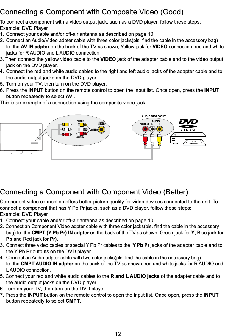 12Connecting a CompRQHQWZLWK&amp;RPSRVLWH9LGHR*RRG7RFRQQHFWDFRPSRQHQWZLWKDYLGHRRXWSXWMDFNVXFKDVD&apos;9&apos;SOD\HUIROORZWKHVHVWHSV([DPSOH&apos;9&apos;3OD\HU&amp;RQQHFW\RXUFDEOHDQGRURIIDLUDQWHQQDDVGHVFULEHGRQSDJH2.&amp;RQQHFWDQ$XGLR9LGHRDGSWHUFDEOHZLWKWKUHHFRORUMDFNVSOV¿QGWKHFDEOHLQWKHDFFHVVRU\EDJ to  the AV IN adpterRQWKHEDFNRIWKH79DVVKRZQ&lt;HOORZMDFNIRUVIDEO connection, red and white  MDFNVIRU5$8&apos;,2DQG/$8&apos;,2FRQQHFWLRQ3. Then connect the yellow video cable to the VIDEOMDFNRIWKHDGDSWHUFDEOHDQGWRWKHYLGHRRXWSXW MDFNRQWKH&apos;9&apos;SOD\HU&amp;RQQHFWWKHUHGDQGZKLWHDXGLRFDEOHVWRWKHULJKWDQGOHIWDXGLRMDFNVRIWKHDGDSWHUFDEOHDQGWR WKHDXGLRRXWSXWMDFNVRQWKH&apos;9&apos;SOD\HU7XUQRQ\RXU79WKHQWXUQRQWKH&apos;9&apos;SOD\HU6. Press the INPUT button on the remote control to open the Input list. Once open, press the INPUT   button repeatedly to select AV .7KLVLVDQH[DPSOHRIDFRQQHFWLRQXVLQJWKHFRPSRVLWHYLGHRMDFN&amp;RQQHFWLQJD&amp;RPSRQHQWZLWK&amp;RPSRQHQW9LGHR%HWWHUComponent video connection offers better picture quality for video devices connected to the unit. To FRQQHFWDFRPSRQHQWWKDWKDV&lt;3E3UMDFNVVXFKDVD&apos;9&apos;SOD\HUIROORZWKHVHVWHSV([DPSOH&apos;9&apos;3OD\HU&amp;RQQHFW\RXUFDEOHDQGRURIIDLUDQWHQQDDVGHVFULEHGRQSDJH2.&amp;RQQHFWDQ&amp;RPSRQHQW9LGHRDGSWHUFDEOHZLWKWKUHHFRORUMDFNVSOV¿QGWKHFDEOHLQWKHDFFHVVRU\ bag) to  the CMPT (Y Pb Pr) IN adpterRQWKHEDFNRIWKH79DVVKRZQ*UHHQMDFNIRUY%OXHMDFNIRUPbDQG5HGMDFNIRU Pr).3.Connect three video cables or special Y Pb Pr cables to the  Y Pb PrMDFNVRIWKHDGDSWHUFDEOHDQGWR WKH&lt;3E3URXWSXWVRQWKH&apos;9&apos;SOD\HU4.&amp;RQQHFWDQ$XGLRDGSWHUFDEOHZLWKWZRFRORUMDFNVSOV¿QGWKHFDEOHLQWKHDFFHVVRU\EDJ to  the CMPT AUDIO IN adpterRQWKHEDFNRIWKH79DVVKRZQUHGDQGZKLWHMDFNVIRU5$8&apos;,2DQG /$8&apos;,2FRQQHFWLRQ5. Connect your red and white audio cables to the R and L AUDIO jacks of the adapter cable and to    WKHDXGLRRXWSXWMDFNVRQWKH&apos;9&apos;SOD\HU7XUQRQ\RXU79WKHQWXUQRQWKH&apos;9&apos;SOD\HU7. Press the INPUT button on the remote control to open the Input list. Once open, press the INPUT   button repeatedly to select CMPT.VIDEO LRAUDIOAUDIO/VIDEO OUTAV INadapterLAUDIORVIDEO