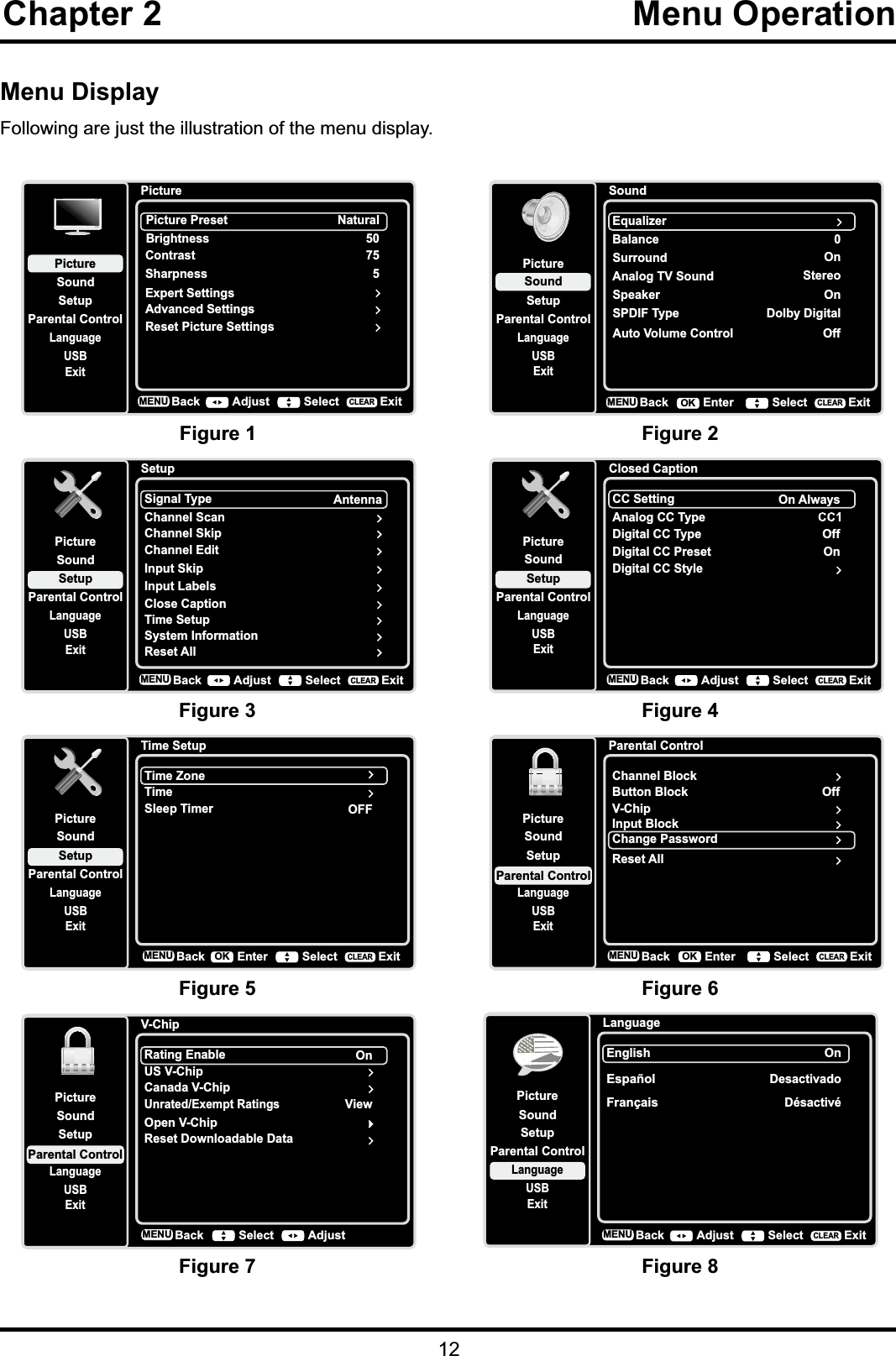 12Chapter 2  Menu OperationMenu DisplayFollowing are just the illustration of the menu display. SoundSetupParental ControlLanguageSoundPictureEqualizerBalanceSurroundAnalog TV SoundUSBExit0OnStereoSpeaker OnSPDIF Type Dolby DigitalAuto Volume Control OffBackMENU Enter Select ExitCLEAROKLanguageSetupParental ControlLanguageSoundPictureEnglish OnUSBExitEspañolDesactivadoFrançaisDésactivéBackMENU Adjust Select ExitCLEARClosed CaptionSetupParental ControlLanguageSoundPictureCC SettingAnalog CC TypeUSBExitOn AlwaysDigital CC TypeDigital CC PresetDigital CC StyleOffOnBackMENU Adjust Select ExitCLEARTime SetupSetupParental ControlLanguageSoundPictureTime ZoneTimeUSBExitOFFSleep TimerBackMENU Enter Select ExitCLEAROKPictureSetupParental ControlLanguageSoundPictureUSBExitPicture PresetBrightnessNaturalAdvanced Settings50Sharpness 5Contrast 75Reset Picture SettingsExpert SettingsBackMENU Adjust Select ExitCLEARParental ControlChannel BlockButton BlockSetupParental ControlLanguageSoundPictureUSBExitV-ChipInput BlockChange PasswordOffBackMENU Enter Select ExitCLEAROKReset AllV-ChipRating EnableUS V-ChipSetupParental ControlLanguageSoundPictureUSBExitCanada V-ChipUnrated/Exempt RatingsOnReset Downloadable DataViewBackMENU AdjustSelectOpen V-ChipFigure 1Figure 3Figure 5Figure 7Figure 2Figure 4Figure 6Figure 8SetupSetupParental ControlLanguageSoundPictureSignal TypeChannel ScanUSBExitAntennaChannel SkipChannel EditInput SkipInput LabelsClose CaptionTime SetupSystem InformationBackMENU Adjust Select ExitCLEARReset All