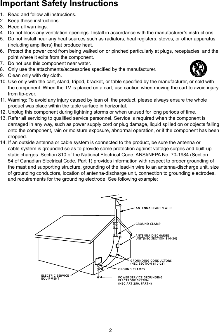 2ANTENNA LEAD IN WIREGROUND CLAMPGROUNDING CONDUCTORS(NEC SECTION 810-21)GROUND CLAMPSPOWER SERVICE GROUNDINGELECTRODE SYSTEM(NEC ART 250, PARTH)ELECTRIC SERVICEEQUIPMENTANTENNA DISCHARGE UNIT(NEC SECTION 810-20)Important Safety Instructions1.  Read and follow all instructions.2.  Keep these instructions.3.  Heed all warnings.4.  Do not block any ventilation openings. Install in accordance with the manufacturer’s instructions.5.  Do not install near any heat sources such as radiators, heat registers, stoves, or other apparatus    (including ampliers) that produce heat.6.  Protect the power cord from being walked on or pinched particularly at plugs, receptacles, and the    point where it exits from the component.7.  Do not use this component near water.8.  Only use the attachments/accessories specied by the manufacturer.9.   Clean only with dry cloth.10. Use only with the cart, stand, tripod, bracket, or table specied by the manufacturer, or sold with    the component. When the TV is placed on a cart, use caution when moving the cart to avoid injury    from tip-over.11. Warning: To avoid any injury caused by lean of  the product, please always ensure the whole    product was place within the table surface in horizontal.12. Unplug this component during lightning storms or when unused for long periods of time.13. Refer all servicing to qualied service personnel. Service is required when the component is    damaged in any way, such as power supply cord or plug damage, liquid spilled on or objects falling    onto the component, rain or moisture exposure, abnormal operation, or if the component has been    dropped.14. If an outside antenna or cable system is connected to the product, be sure the antenna or    cable system is grounded so as to provide some protection against voltage surges and built-up    static charges. Section 810 of the National Electrical Code, ANSI/NFPA No. 70-1984 (Section    54 of Canadian Electrical Code, Part 1) provides information with respect to proper grounding of    the mast and supporting structure, grounding of the lead-in wire to an antenna-discharge unit, size    of grounding conductors, location of antenna-discharge unit, connection to grounding electrodes,    and requirements for the grounding electrode. See following example: