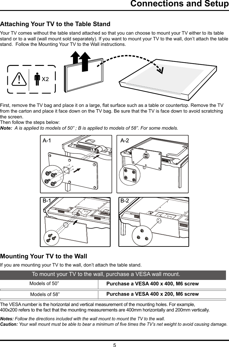 5Connections and Setup   Attaching Your TV to the Table StandYour TV comes without the table stand attached so that you can choose to mount your TV either to its table stand or to a wall (wall mount sold separately). If you want to mount your TV to the wall, don’t attach the table stand.  Follow the Mounting Your TV to the Wall instructions.First, remove the TV bag and place it on a large, at surface such as a table or countertop. Remove the TV from the carton and place it face down on the TV bag. Be sure that the TV is face down to avoid scratching the screen.Then follow the steps below:Note:  A is applied to models of 50” ; B is applied to models of 58”. For some models.Mounting Your TV to the WallThe VESA number is the horizontal and vertical measurement of the mounting holes. For example,400x200 refers to the fact that the mounting measurements are 400mm horizontally and 200mm vertically.Notes: Follow the directions included with the wall mount to mount the TV to the wall.Caution: Your wall mount must be able to bear a minimum of ve times the TV’s net weight to avoid causing damage.To mount your TV to the wall, purchase a VESA wall mount.Models of 50”  Models of 58”Purchase a VESA 400 x 400, M6 screw         Purchase a VESA 400 x 200, M6 screw          If you are mounting your TV to the wall, don’t attach the table stand. A-1 A-2B-1 B-2