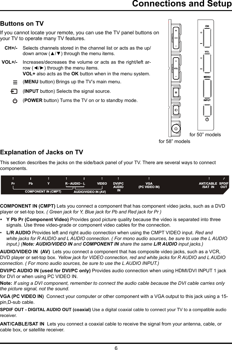 6   Connections and SetupButtons on TVIf you cannot locate your remote, you can use the TV panel buttons on your TV to operate many TV features.CH+/- Selects channels stored in the channel list or acts as the up/down arrow (▲/▼) through the menu items.VOL+/- Increases/decreases the volume  or acts as the  right/left ar-row (◄/►) through the menu items.VOL+ also acts as the OK button when in the menu system. (MENU button) Brings up the TV’s main menu.  (INPUT button) Selects the signal source.  (POWER button) Turns the TV on or to standby mode.   Explanation of Jacks on TVThis section describes the jacks on the side/back panel of your TV. There are several ways to connect components.COMPONENT IN (CMPT) Lets you connect a component that has component video jacks, such as a DVD player or set-top box. ( Green jack for Y, Blue jack for Pb and Red jack for Pr ) • Y Pb Pr (Component Video) Provides good picture quality because the video is separated into three  signals. Use three video-grade or component video cables for the connection. •    L/R AUDIO Provides left and right audio connection when using the CMPT VIDEO input. Red and white jacks for R AUDIO and L AUDIO connection. ( For mono audio sources, be sure to use the L AUDIO input.) (Note: AUDIO/VIDEO IN and COMPONENT IN share the same L/R AUDIO input jacks.)AUDIO/VIDEO IN  (AV)  Lets you connect a component that has composite video jacks, such as a VCR, DVD player or set-top box. Yellow jack for VIDEO connection, red and white jacks for R AUDIO and L AUDIO connection. ( For mono audio sources, be sure to use the L AUDIO INPUT.) DVI/PC AUDIO IN (used for DVI/PC only) Provides audio connection when using HDMI/DVI INPUT 1 jack for DVI or when using PC VIDEO IN. Note: If using a DVI component, remember to connect the audio cable because the DVI cable carries only the picture signal, not the sound.VGA (PC VIDEO IN)  Connect your computer or other component with a VGA output to this jack using a 15-pin,D-sub cable.SPDIF OUT - DIGITAL AUDIO OUT (coaxial) Use a digital coaxial cable to connect your TV to a compatible audio receiver. ANT/CABLE/SAT IN  Lets you connect a coaxial cable to receive the signal from your antenna, cable, or cable box, or satellite receiver.SPDIF OUTDVI/PCAUDIO INCOMPONENT IN (CMPT)ANT/CABLE/SAT  INVGA(PC VIDEO IN)VIDEOYPbPr LRAUDIOAUDIO/VIDEO IN (AV)MENUINPUTfor 58” modelsfor 50” models