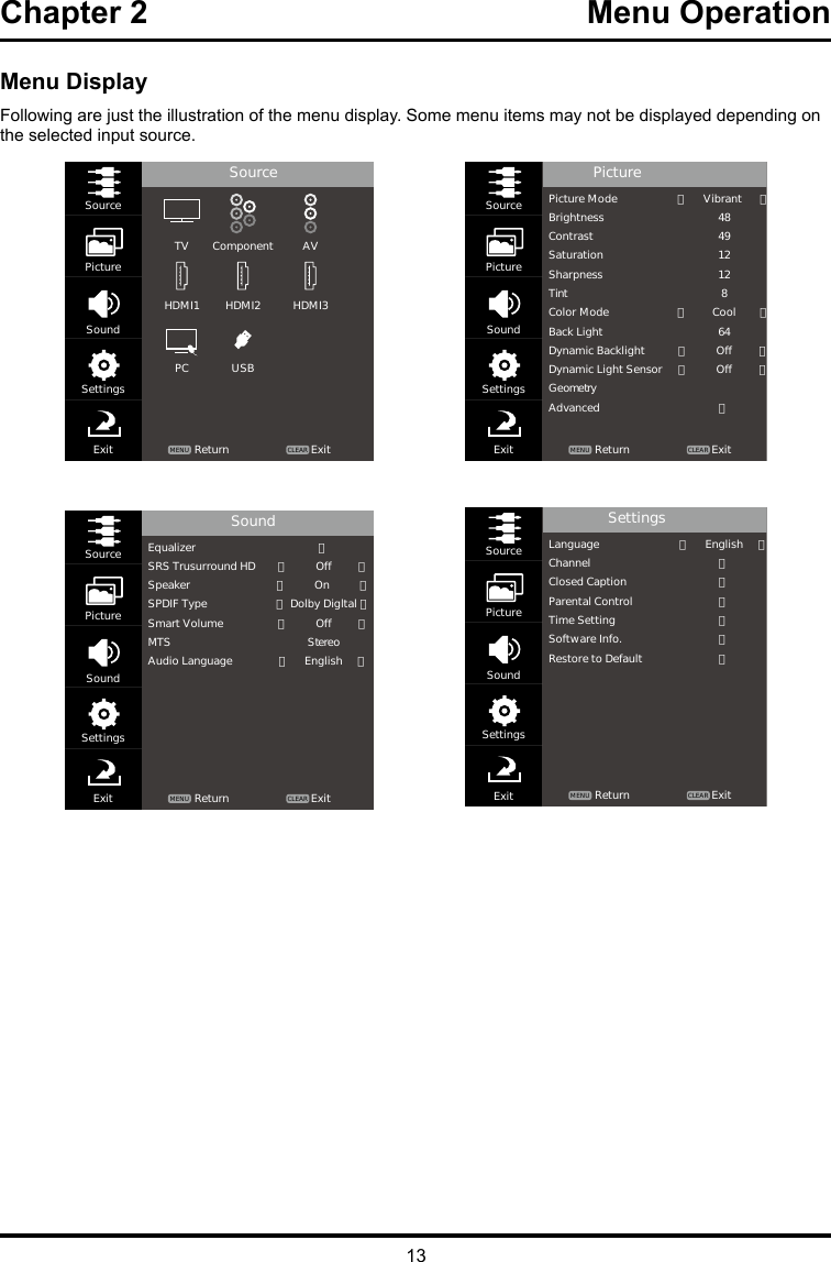 13Chapter 2  Menu OperationMenu DisplayFollowing are just the illustration of the menu display. Some menu items may not be displayed depending on the selected input source.ＳｏｕｒｃｅＳｏｕｒｃｅＴＶＨＤＭＩ１ ＨＤＭＩ２ＵＳＢＰＣＨＤＭＩ３Ｃｏｍｐｏｎｅｎｔ ＡＶＰｉｃｔｕｒｅＳｏｕｎｄＳｅｔｔｉｎｇｓＥｘｉｔ ＲｅｔｕｒｎＭＥＮＵ ＣＬＥＡＲＥｘｉｔＰｉｃｔｕｒｅＰｉｃｔｕｒｅ　ＭｏｄｅＢｒｉｇｈｔｎｅｓｓＣｏｎｔｒａｓｔＳａｔｕｒａｔｉｏｎＳｈａｒｐｎｅｓｓＴｉｎｔＣｏｌｏｒ　ＭｏｄｅＢａｃｋ　ＬｉｇｈｔＤｙｎａｍｉｃ　ＢａｃｋｌｉｇｈｔＤｙｎａｍｉｃ　Ｌｉｇｈｔ　ＳｅｎｓｏｒＧｅｏｍｅｔｒｙＡｄｖａｎｃｅｄ〈　　　　　Ｖｉｂｒａｎｔ　　　　　　〉４８４９１２１２８〈　　　　　　　　Ｃｏｏｌ　　　　　　　　〉６４〈　　　　　　　　　Ｏｆｆ　　　　　　　　　〉〈　　　　　　　　　Ｏｆｆ　　　　　　　　　〉　〉ＳｏｕｒｃｅＰｉｃｔｕｒｅＳｏｕｎｄＳｅｔｔｉｎｇｓＥｘｉｔ ＲｅｔｕｒｎＭＥＮＵＣＬＥＡＲ ＥｘｉｔＳｏｕｎｄＥｑｕａｌｉｚｅｒＳＲＳ　Ｔｒｕｓｕｒｒｏｕｎｄ　ＨＤＳｐｅａｋｅｒＳＰＤＩＦ　ＴｙｐｅＳｍａｒｔ　ＶｏｌｕｍｅＭＴＳＡｕｄｉｏ　Ｌａｎｇｕａｇｅ〉〈　　　　　　　　　Ｏｆｆ　　　　　　　　　〉〈　　　　　　　　　Ｏｎ　　　　　　　　　　〉〈　Ｄｏｌｂｙ　Ｄｉｇｌｔａｌ　〉〈　　　　　　　　　Ｏｆｆ　　　　　　　　　〉Ｓｔｅｒｅｏ〈　　　　　Ｅｎｇｌｉｓｈ　　　　　〉ＳｏｕｒｃｅＰｉｃｔｕｒｅＳｏｕｎｄＳｅｔｔｉｎｇｓＥｘｉｔ ＲｅｔｕｒｎＭＥＮＵ ＣＬＥＡＲ ＥｘｉｔＳｅｔｔｉｎｇｓＬａｎｇｕａｇｅＣｈａｎｎｅｌＣｌｏｓｅｄ　ＣａｐｔｉｏｎＰａｒｅｎｔａｌ　ＣｏｎｔｒｏｌＴｉｍｅ　ＳｅｔｔｉｎｇＳｏｆｔｗａｒｅ　Ｉｎｆｏ．Ｒｅｓｔｏｒｅ　ｔｏ　Ｄｅｆａｕｌｔ〈　　　　　Ｅｎｇｌｉｓｈ　　　　　〉〉〉〉〉〉〉ＳｏｕｒｃｅＰｉｃｔｕｒｅＳｏｕｎｄＳｅｔｔｉｎｇｓＥｘｉｔ ＲｅｔｕｒｎＭＥＮＵ ＣＬＥＡＲ Ｅｘｉｔ