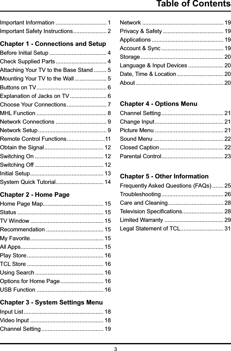 3Table of Contents,PSRUWDQW,QIRUPDWLRQ 1,PSRUWDQW6DIHW\,QVWUXFWLRQV Chapter 1 - Connections and Setup%HIRUH,QLWLDO6HWXS &amp;KHFN6XSSOLHG3DUWV $WWDFKLQJ&lt;RXU79WRWKH%DVH6WDQG 0RXQWLQJ&lt;RXU79WRWKH:DOO %XWWRQVRQ79 6([SODQDWLRQRI-DFNVRQ79 6&amp;KRRVH&lt;RXU&amp;RQQHFWLRQV 70+/)XQFWLRQ 1HWZRUN&amp;RQQHFWLRQV 91HWZRUN6HWXS 95HPRWH&amp;RQWURO)XQFWLRQV112EWDLQWKH6LJQDO 6ZLWFKLQJ2Q 6ZLWFKLQJ2II ,QLWLDO6HWXS 136\VWHP4XLFN7XWRULDO Chapter 2 - Home Page+RPH3DJH0DS 6WDWXV 79:LQGRZ 5HFRPPHQGDWLRQ 0\)DYRULWH $OO$SSV 3OD\6WRUH 167&amp;/6WRUH 168VLQJ6HDUFK 162SWLRQVIRU+RPH3DJH 1686%)XQFWLRQ 16Chapter 3 - System Settings Menu,QSXW/LVW 9LGHR,QSXW &amp;KDQQHO6HWWLQJ 191HWZRUN 193ULYDF\6DIHW\ 19$SSOLFDWLRQV 19$FFRXQW6\QF 196WRUDJH /DQJXDJH,QSXW&apos;HYLFHV &apos;DWH7LPH/RFDWLRQ $ERXW Chapter 4 - Options Menu&amp;KDQQHO6HWWLQJ &amp;KDQJH,QSXW 3LFWXUH0HQX 6RXQG0HQX &amp;ORVHG&amp;DSWLRQ 3DUHQWDO&amp;RQWURO Chapter 5 - Other Information)UHTXHQWO\$VNHG4XHVWLRQV)$4V 7URXEOHVKRRWLQJ &amp;DUHDQG&amp;OHDQLQJ 7HOHYLVLRQ6SHFL¿FDWLRQV /LPLWHG:DUUDQW\ /HJDO6WDWHPHQWRI7&amp;/ 31