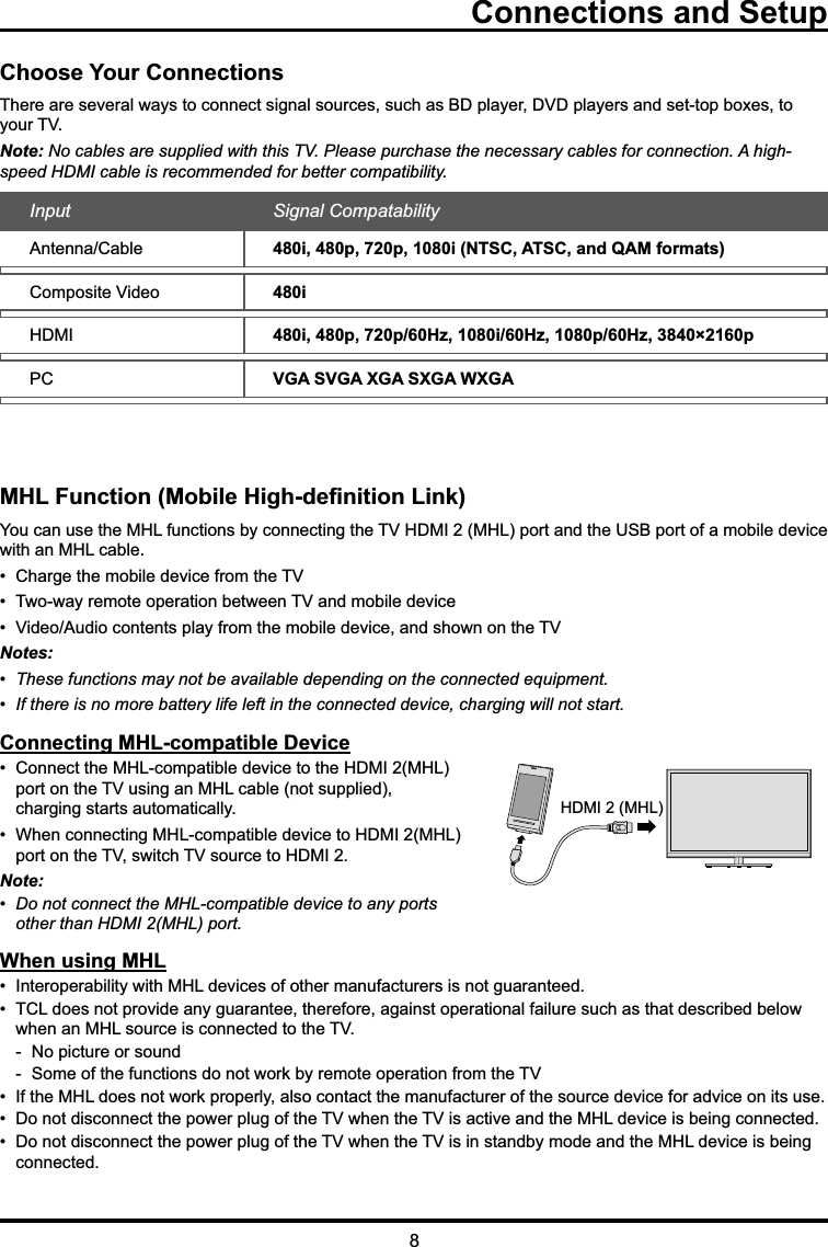 Connections and Setup0+/)XQFWLRQ0RELOH+LJKGH¿QLWLRQ/LQN&lt;RXFDQXVHWKH0+/IXQFWLRQVE\FRQQHFWLQJWKH79+&apos;0,0+/SRUWDQGWKH86%SRUWRIDPRELOHGHYLFHZLWKDQ0+/FDEOH &amp;KDUJHWKHPRELOHGHYLFHIURPWKH79 7ZRZD\UHPRWHRSHUDWLRQEHWZHHQ79DQGPRELOHGHYLFH 9LGHR$XGLRFRQWHQWVSOD\IURPWKHPRELOHGHYLFHDQGVKRZQRQWKH79Notes: 7KHVHIXQFWLRQVPD\QRWEHDYDLODEOHGHSHQGLQJRQWKHFRQQHFWHGHTXLSPHQW ,IWKHUHLVQRPRUHEDWWHU\OLIHOHIWLQWKHFRQQHFWHGGHYLFHFKDUJLQJZLOOQRWVWDUWConnecting MHL-compatible Device &amp;RQQHFWWKH0+/FRPSDWLEOHGHYLFHWRWKH+&apos;0,0+/ SRUWRQWKH79XVLQJDQ0+/FDEOHQRWVXSSOLHG  FKDUJLQJVWDUWVDXWRPDWLFDOO\ :KHQFRQQHFWLQJ0+/FRPSDWLEOHGHYLFHWR+&apos;0,0+/ SRUWRQWKH79VZLWFK79VRXUFHWR+&apos;0,Note:  &apos;RQRWFRQQHFWWKH0+/FRPSDWLEOHGHYLFHWRDQ\SRUWV RWKHUWKDQ+&apos;0,0+/SRUWWhen using MHL ,QWHURSHUDELOLW\ZLWK0+/GHYLFHVRIRWKHUPDQXIDFWXUHUVLVQRWJXDUDQWHHG 7&amp;/GRHVQRWSURYLGHDQ\JXDUDQWHHWKHUHIRUHDJDLQVWRSHUDWLRQDOIDLOXUHVXFKDVWKDWGHVFULEHGEHORZ  ZKHQDQ0+/VRXUFHLVFRQQHFWHGWRWKH79  1RSLFWXUHRUVRXQG  6RPHRIWKHIXQFWLRQVGRQRWZRUNE\UHPRWHRSHUDWLRQIURPWKH79 ,IWKH0+/GRHVQRWZRUNSURSHUO\DOVRFRQWDFWWKHPDQXIDFWXUHURIWKHVRXUFHGHYLFHIRUDGYLFHRQLWVXVH &apos;RQRWGLVFRQQHFWWKHSRZHUSOXJRIWKH79ZKHQWKH79LVDFWLYHDQGWKH0+/GHYLFHLVEHLQJFRQQHFWHG &apos;RQRWGLVFRQQHFWWKHSRZHUSOXJRIWKH79ZKHQWKH79LVLQVWDQGE\PRGHDQGWKH0+/GHYLFHLVEHLQJ FRQQHFWHGHDMI 2 (MHL)Choose Your Connections7KHUHDUHVHYHUDOZD\VWRFRQQHFWVLJQDOVRXUFHVVXFKDV%&apos;SOD\HU&apos;9&apos;SOD\HUVDQGVHWWRSER[HVWR\RXU79Note: 1RFDEOHVDUHVXSSOLHGZLWKWKLV793OHDVHSXUFKDVHWKHQHFHVVDU\FDEOHVIRUFRQQHFWLRQ$KLJKspeed HDMI cable is recommended for better compatibility.Input Signal Compatability$QWHQQD&amp;DEOH 480i, 480p, 720p, 1080i (NTSC, ATSC, and QAM formats)&amp;RPSRVLWH9LGHR 480i+&apos;0, 480i, 480p, 720p/60Hz, 1080i/60Hz, 1080p/60Hz, 3840×2160p3&amp; VGA SVGA XGA SXGA WXGA