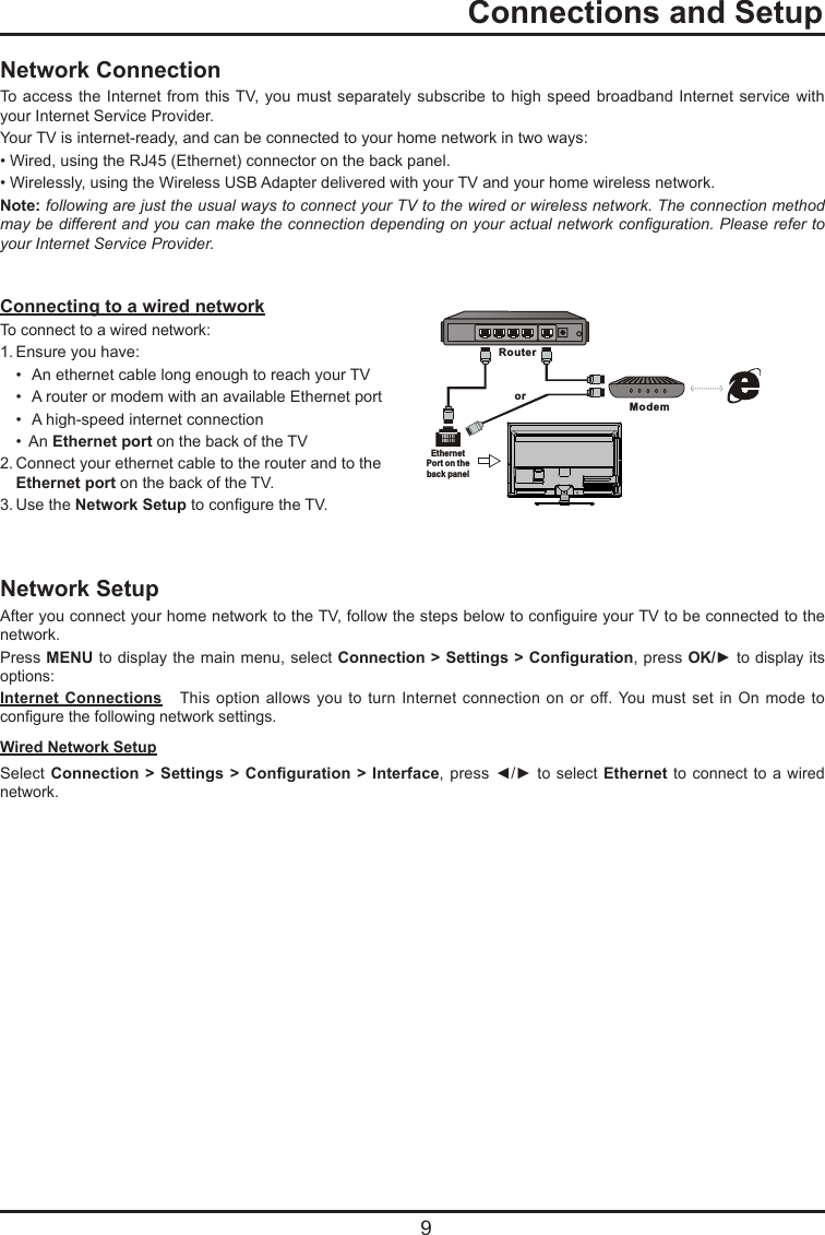  9  Connections and SetupNetwork Connection To access the  Internet  from this TV,  you  must separately subscribe to  high speed broadband Internet service  with your Internet Service Provider.Your TV is internet-ready, and can be connected to your home network in two ways:• Wired, using the RJ45 (Ethernet) connector on the back panel.• Wirelessly, using the Wireless USB Adapter delivered with your TV and your home wireless network.Note: following are just the usual ways to connect your TV to the wired or wireless network. The connection method may be different and you can make the connection depending on your actual network conguration. Please refer to your Internet Service Provider.Network Setup After you connect your home network to the TV, follow the steps below to conguire your TV to be connected to the network.Press MENU to display the main menu, select Connection &gt; Settings &gt; Conguration, press OK/► to display its options:Internet Connections    This option  allows you  to turn  Internet  connection  on  or  off. You must  set in  On mode  to congure the following network settings.Wired Network Setup  Select Connection &gt;  Settings  &gt; Conguration &gt;  Interface,  press ◄/► to select  Ethernet to  connect to a  wired network. Connecting to a wired network To connect to a wired network:1. Ensure you have:  •  An ethernet cable long enough to reach your TV  •  A router or modem with an available Ethernet port  •  A high-speed internet connection  •  An Ethernet port on the back of the TV2. Connect your ethernet cable to the router and to the   Ethernet port on the back of the TV.3. Use the Network Setup to congure the TV.  Modem RouterEthernetPort on the back panelor