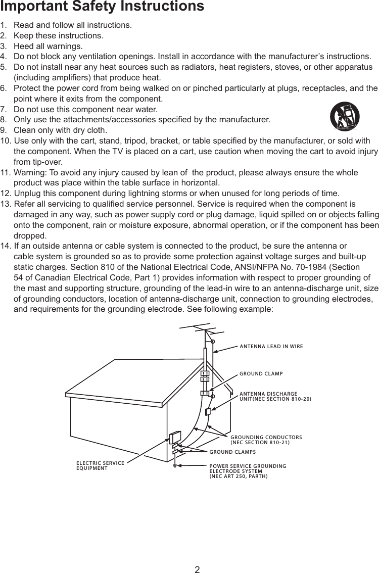   2ANTENNA LEAD IN WIREGROUND CLAMPGROUNDING CONDUCTORS(NEC SECTION 810-21)GROUND CLAMPSPOWER SERVICE GROUNDINGELECTRODE SYSTEM(NEC ART 250, PARTH)ELECTRIC SERVICEEQUIPMENTANTENNA DISCHARGE UNIT(NEC SECTION 810-20)Important Safety Instructions1.  Read and follow all instructions.2.  Keep these instructions.3.  Heed all warnings.4.  Do not block any ventilation openings. Install in accordance with the manufacturer’s instructions.5.  Do not install near any heat sources such as radiators, heat registers, stoves, or other apparatus    (including ampliers) that produce heat.6.  Protect the power cord from being walked on or pinched particularly at plugs, receptacles, and the    point where it exits from the component.7.  Do not use this component near water.8.  Only use the attachments/accessories specied by the manufacturer.9.   Clean only with dry cloth.10. Use only with the cart, stand, tripod, bracket, or table specied by the manufacturer, or sold with    the component. When the TV is placed on a cart, use caution when moving the cart to avoid injury    from tip-over.11. Warning: To avoid any injury caused by lean of  the product, please always ensure the whole    product was place within the table surface in horizontal.12. Unplug this component during lightning storms or when unused for long periods of time.13. Refer all servicing to qualied service personnel. Service is required when the component is    damaged in any way, such as power supply cord or plug damage, liquid spilled on or objects falling    onto the component, rain or moisture exposure, abnormal operation, or if the component has been    dropped.14. If an outside antenna or cable system is connected to the product, be sure the antenna or    cable system is grounded so as to provide some protection against voltage surges and built-up    static charges. Section 810 of the National Electrical Code, ANSI/NFPA No. 70-1984 (Section    54 of Canadian Electrical Code, Part 1) provides information with respect to proper grounding of    the mast and supporting structure, grounding of the lead-in wire to an antenna-discharge unit, size    of grounding conductors, location of antenna-discharge unit, connection to grounding electrodes,    and requirements for the grounding electrode. See following example: