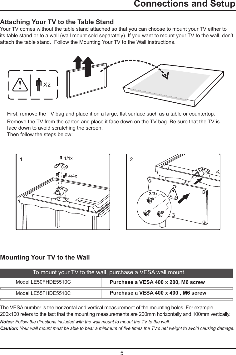   5Attaching Your TV to the Table StandYour TV comes without the table stand attached so that you can choose to mount your TV either to its table stand or to a wall (wall mount sold separately). If you want to mount your TV to the wall, don’t attach the table stand.  Follow the Mounting Your TV to the Wall instructions.First, remove the TV bag and place it on a large, at surface such as a table or countertop. Remove the TV from the carton and place it face down on the TV bag. Be sure that the TV is face down to avoid scratching the screen.Then follow the steps below:  Connections and SetupMounting Your TV to the WallThe VESA number is the horizontal and vertical measurement of the mounting holes. For example,200x100 refers to the fact that the mounting measurements are 200mm horizontally and 100mm vertically.Notes: Follow the directions included with the wall mount to mount the TV to the wall.Caution: Your wall mount must be able to bear a minimum of ve times the TV’s net weight to avoid causing damage.To mount your TV to the wall, purchase a VESA wall mount.Model LE50FHDE5510CModel LE55FHDE5510CPurchase a VESA 400 x 200, M6 screw          Purchase a VESA 400 x 400 , M6 screw          12