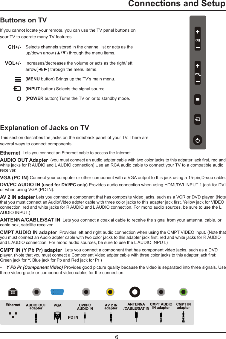  6  Connections and SetupButtons on TVIf you cannot locate your remote, you can use the TV panel buttons on your TV to operate many TV features. CH+/- Selects channels stored in the channel list or acts as the     up/down arrow (▲/▼) through the menu items. VOL+/- Increases/decreases the volume or acts as the right/left       arrow(◄/►) through the menu items.   (MENU button) Brings up the TV’s main menu.    (INPUT button) Selects the signal source.  (POWER button) Turns the TV on or to standby mode.CHVOLExplanation of Jacks on TV This section describes the jacks on the side/back panel of your TV. There are several ways to connect components.Ethernet  Lets you connect an Ethernet cable to access the Internet.AUDIO OUT Adapter  (you must connect an audio adpter cable with two color jacks to this adpater jack rst, red and white jacks for R AUDIO and L AUDIO connection) Use an RCA audio cable to connect your TV to a compatible audio receiver. VGA (PC IN) Connect your computer or other component with a VGA output to this jack using a 15-pin,D-sub cable.DVI/PC AUDIO IN (used for DVI/PC only) Provides audio connection when using HDMI/DVI INPUT 1 jack for DVI or when using VGA (PC IN). AV 2 IN adapter Lets you connect a component that has composite video jacks, such as a VCR or DVD player. (Note that you must connect an Audio/Video adpter cable with three color jacks to this adapter jack rst, Yellow jack for VIDEO connection, red and white jacks for R AUDIO and L AUDIO connection. For mono audio sources, be sure to use the L AUDIO INPUT.)ANTENNA/CABLE/SAT IN  Lets you connect a coaxial cable to receive the signal from your antenna, cable, or cable box, satellite receiver.CMPT AUDIO IN adapter  Provides left and right audio connection when using the CMPT VIDEO input. (Note that you must connect an Audio adpter cable with two color jacks to this adapter jack rst, red and white jacks for R AUDIO and L AUDIO connection. For mono audio sources, be sure to use the L AUDIO INPUT.)CMPT IN (Y Pb Pr) adapter  Lets you connect a component that has component video jacks, such as a DVD player. (Note that you must connect a Component Video adpter cable with three color jacks to this adapter jack rst: Green jack for Y, Blue jack for Pb and Red jack for Pr ) • YPbPr(ComponentVideo) Provides good picture quality because the video is separated into three signals. Use     three video-grade or component video cables for the connection. Ethernet AUDIO OUTadapter DVI/PCAUDIO INAV 2 INadapterANTENNA/CABLE/SAT INCMPT INadapterCMPT AUDIOIN adapterPC IN