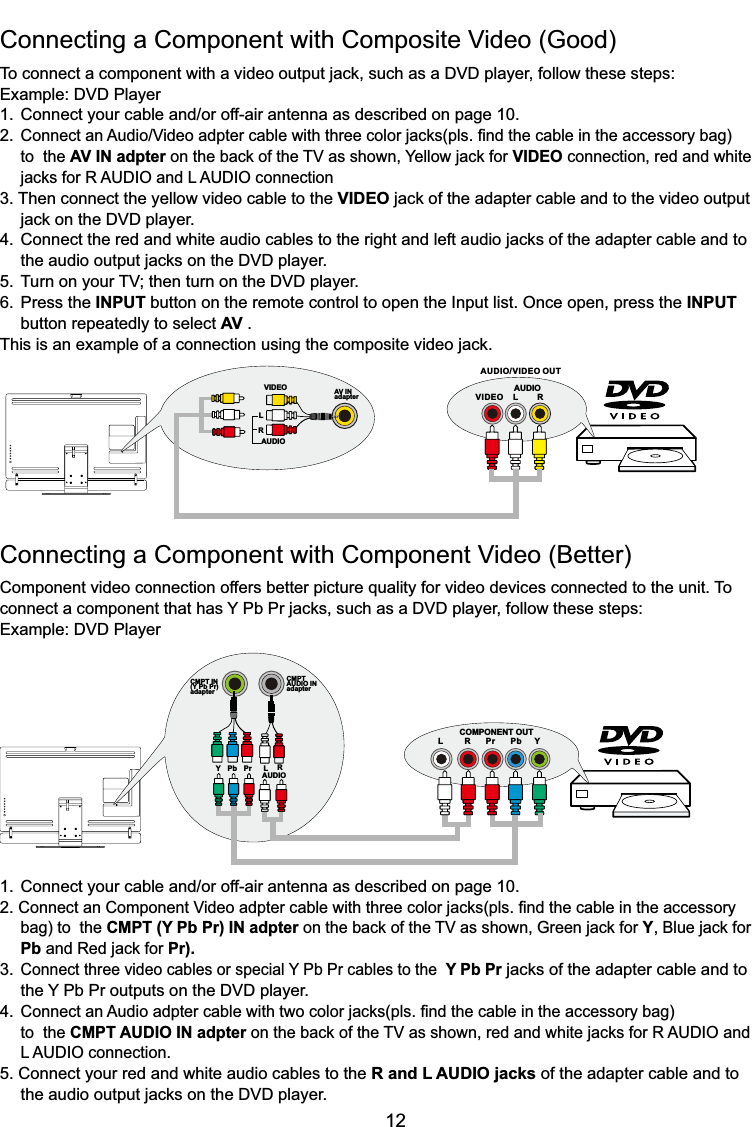 12Connecting a CompRQHQWZLWK&amp;RPSRVLWH9LGHR*RRG7RFRQQHFWDFRPSRQHQWZLWKDYLGHRRXWSXWMDFNVXFKDVD&apos;9&apos;SOD\HUIROORZWKHVHVWHSV([DPSOH&apos;9&apos;3OD\HU&amp;RQQHFW\RXUFDEOHDQGRURIIDLUDQWHQQDDVGHVFULEHGRQSDJH2.&amp;RQQHFWDQ$XGLR9LGHRDGSWHUFDEOHZLWKWKUHHFRORUMDFNVSOV¿QGWKHFDEOHLQWKHDFFHVVRU\EDJ to  the AV IN adpterRQWKHEDFNRIWKH79DVVKRZQ&lt;HOORZMDFNIRUVIDEO connection, red and white  MDFNVIRU5$8&apos;,2DQG/$8&apos;,2FRQQHFWLRQ3. Then connect the yellow video cable to the VIDEOMDFNRIWKHDGDSWHUFDEOHDQGWRWKHYLGHRRXWSXW MDFNRQWKH&apos;9&apos;SOD\HU&amp;RQQHFWWKHUHGDQGZKLWHDXGLRFDEOHVWRWKHULJKWDQGOHIWDXGLRMDFNVRIWKHDGDSWHUFDEOHDQGWR WKHDXGLRRXWSXWMDFNVRQWKH&apos;9&apos;SOD\HU7XUQRQ\RXU79WKHQWXUQRQWKH&apos;9&apos;SOD\HU6. Press the INPUT button on the remote control to open the Input list. Once open, press the INPUT   button repeatedly to select AV .7KLVLVDQH[DPSOHRIDFRQQHFWLRQXVLQJWKHFRPSRVLWHYLGHRMDFN&amp;RQQHFWLQJD&amp;RPSRQHQWZLWK&amp;RPSRQHQW9LGHR%HWWHUComponent video connection offers better picture quality for video devices connected to the unit. To FRQQHFWDFRPSRQHQWWKDWKDV&lt;3E3UMDFNVVXFKDVD&apos;9&apos;SOD\HUIROORZWKHVHVWHSV([DPSOH&apos;9&apos;3OD\HU&amp;RQQHFW\RXUFDEOHDQGRURIIDLUDQWHQQDDVGHVFULEHGRQSDJH2.&amp;RQQHFWDQ&amp;RPSRQHQW9LGHRDGSWHUFDEOHZLWKWKUHHFRORUMDFNVSOV¿QGWKHFDEOHLQWKHDFFHVVRU\ bag) to  the CMPT (Y Pb Pr) IN adpterRQWKHEDFNRIWKH79DVVKRZQ*UHHQMDFNIRUY%OXHMDFNIRUPbDQG5HGMDFNIRU Pr).3.Connect three video cables or special Y Pb Pr cables to the  Y Pb PrMDFNVRIWKHDGDSWHUFDEOHDQGWR WKH&lt;3E3URXWSXWVRQWKH&apos;9&apos;SOD\HU4.&amp;RQQHFWDQ$XGLRDGSWHUFDEOHZLWKWZRFRORUMDFNVSOV¿QGWKHFDEOHLQWKHDFFHVVRU\EDJ to  the CMPT AUDIO IN adpterRQWKHEDFNRIWKH79DVVKRZQUHGDQGZKLWHMDFNVIRU5$8&apos;,2DQG /$8&apos;,2FRQQHFWLRQ5. Connect your red and white audio cables to the R and L AUDIO jacks of the adapter cable and to    WKHDXGLRRXWSXWMDFNVRQWKH&apos;9&apos;SOD\HUVIDEO LRAUDIOAUDIO/VIDEO OUTAV INadapterLAUDIORVIDEOL R Pr Pb YCOMPONENT OUTCMPT IN(Y Pb Pr)adapterCMPTAUDIO INadapterYPb Pr LAUDIOR