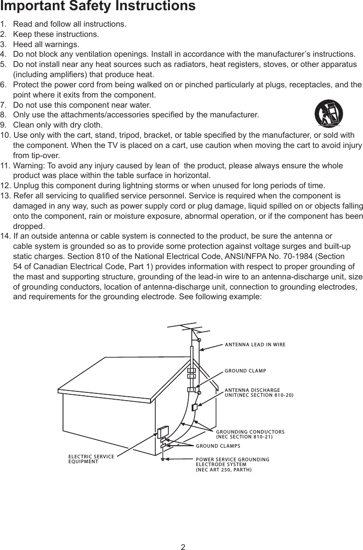 2ANTENNA LEAD IN WIREGROUND CLAMPGROUNDING CONDUCTORS(NEC SECTION 810-21)GROUND CLAMPSPOWER SERVICE GROUNDINGELECTRODE SYSTEM(NEC ART 250, PARTH)ELECTRIC SERVICEEQUIPMENTANTENNA DISCHARGE UNIT(NEC SECTION 810-20)Important Safety Instructions1.  Read and follow all instructions.2.  Keep these instructions.3.  Heed all warnings.4.  Do not block any ventilation openings. Install in accordance with the manufacturer’s instructions.5.  Do not install near any heat sources such as radiators, heat registers, stoves, or other apparatus    (including ampliers) that produce heat.6.  Protect the power cord from being walked on or pinched particularly at plugs, receptacles, and the    point where it exits from the component.7.  Do not use this component near water.8.  Only use the attachments/accessories specied by the manufacturer.9.   Clean only with dry cloth.10. Use only with the cart, stand, tripod, bracket, or table specied by the manufacturer, or sold with    the component. When the TV is placed on a cart, use caution when moving the cart to avoid injury    from tip-over.11. Warning: To avoid any injury caused by lean of  the product, please always ensure the whole    product was place within the table surface in horizontal.12. Unplug this component during lightning storms or when unused for long periods of time.13. Refer all servicing to qualied service personnel. Service is required when the component is    damaged in any way, such as power supply cord or plug damage, liquid spilled on or objects falling    onto the component, rain or moisture exposure, abnormal operation, or if the component has been    dropped.14. If an outside antenna or cable system is connected to the product, be sure the antenna or    cable system is grounded so as to provide some protection against voltage surges and built-up    static charges. Section 810 of the National Electrical Code, ANSI/NFPA No. 70-1984 (Section    54 of Canadian Electrical Code, Part 1) provides information with respect to proper grounding of    the mast and supporting structure, grounding of the lead-in wire to an antenna-discharge unit, size    of grounding conductors, location of antenna-discharge unit, connection to grounding electrodes,    and requirements for the grounding electrode. See following example: