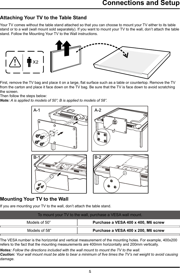 5Connections and SetupAttaching Your TV to the Table StandYour TV comes without the table stand attached so that you can choose to mount your TV either to its table stand or to a wall (wall mount sold separately). If you want to mount your TV to the wall, don’t attach the table stand. Follow the Mounting Your TV to the Wall instructions.First, remove the TV bag and place it on a large, at surface such as a table or countertop. Remove the TV from the carton and place it face down on the TV bag. Be sure that the TV is face down to avoid scratching the screen.Then follow the steps below:Note: A is applied to models of 50”; B is applied to models of 58”. Mounting Your TV to the WallIf you are mounting your TV to the wall, don’t attach the table stand. To mount your TV to the wall, purchase a VESA wall mount.Models of 50”  Purchase a VESA 400 x 400, M6 screw Models of 58” Purchase a VESA 400 x 200, M6 screwThe VESA number is the horizontal and vertical measurement of the mounting holes. For example, 400x200 refers to the fact that the mounting measurements are 400mm horizontally and 200mm vertically.Notes: Follow the directions included with the wall mount to mount the TV to the wall.Caution: Your wall mount must be able to bear a minimum of ve times the TV’s net weight to avoid causing damage.A-1 A-2B-1 B-2