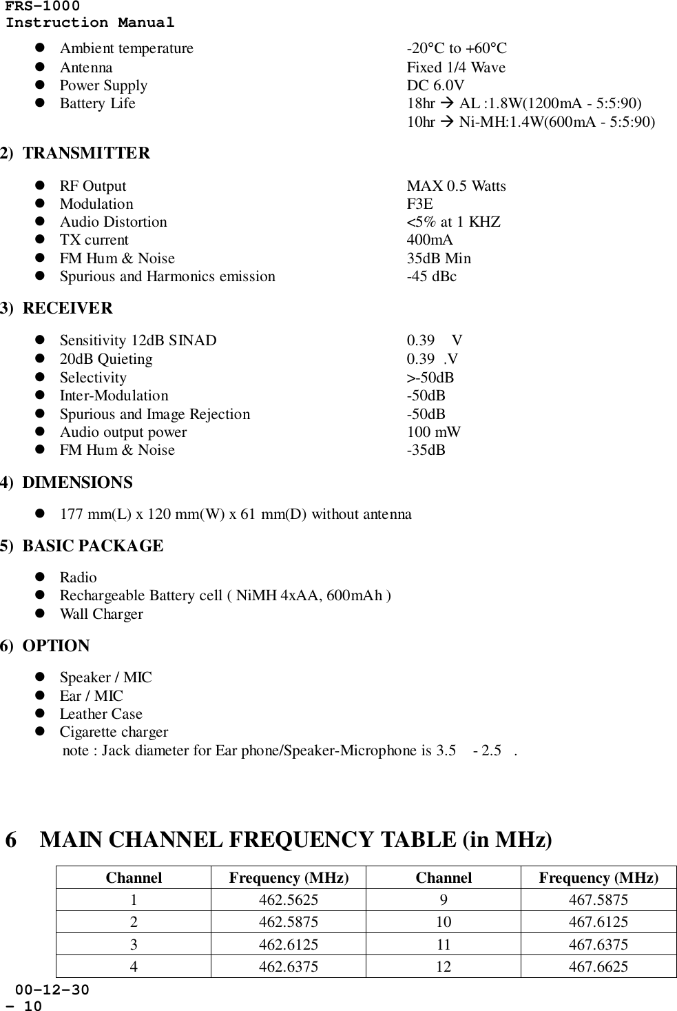 FRS-1000Instruction Manual 00-12-30- 10! Ambient temperature -20°C to +60°C! Antenna Fixed 1/4 Wave! Power Supply DC 6.0V! Battery Life 18hr &quot; AL :1.8W(1200mA - 5:5:90)10hr &quot; Ni-MH:1.4W(600mA - 5:5:90)2)  TRANSMITTER! RF Output MAX 0.5 Watts! Modulation F3E! Audio Distortion &lt;5% at 1 KHZ! TX current 400mA! FM Hum &amp; Noise 35dB Min! Spurious and Harmonics emission   -45 dBc3)  RECEIVER! Sensitivity 12dB SINAD 0.39 V! 20dB Quieting 0.39   V! Selectivity &gt;-50dB! Inter-Modulation -50dB! Spurious and Image Rejection -50dB! Audio output power 100 mW! FM Hum &amp; Noise    -35dB4)  DIMENSIONS! 177 mm(L) x 120 mm(W) x 61 mm(D) without antenna5)  BASIC PACKAGE! Radio! Rechargeable Battery cell ( NiMH 4xAA, 600mAh )! Wall Charger6)  OPTION! Speaker / MIC! Ear / MIC! Leather Case! Cigarette chargernote : Jack diameter for Ear phone/Speaker-Microphone is 3.5 - 2.5.6    MAIN CHANNEL FREQUENCY TABLE (in MHz)Channel Frequency (MHz) Channel Frequency (MHz)1 462.5625 9 467.58752 462.5875 10 467.61253 462.6125 11 467.63754 462.6375 12 467.6625