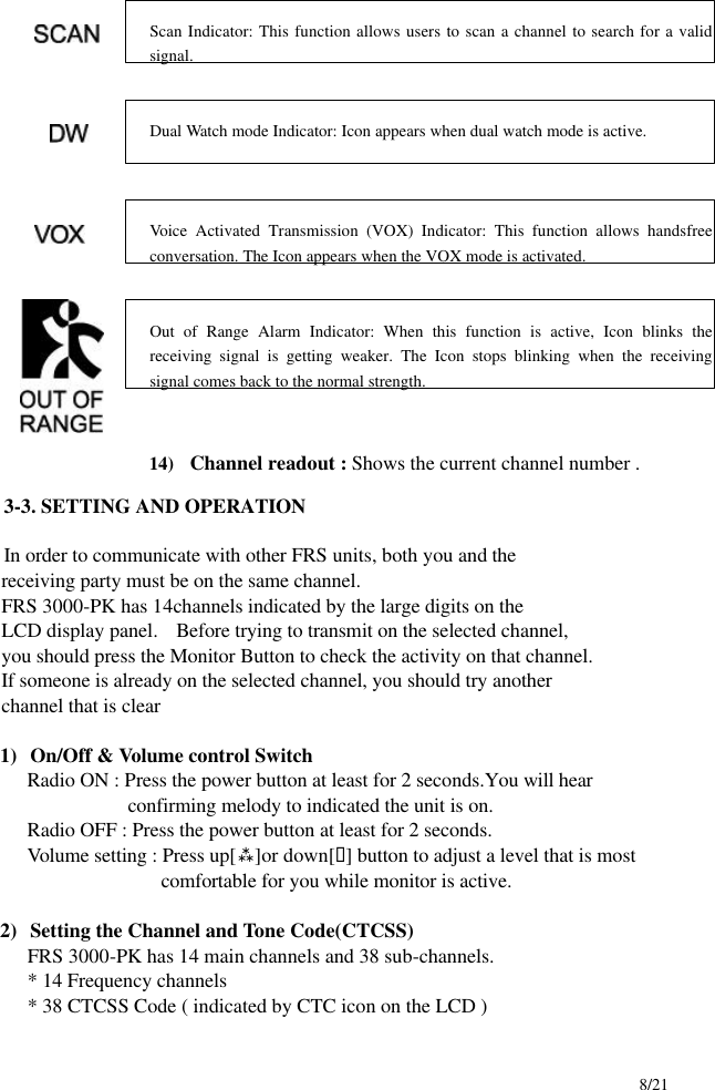     8/21               3-3. SETTING AND OPERATION  In order to communicate with other FRS units, both you and the        receiving party must be on the same channel.      FRS 3000-PK has 14channels indicated by the large digits on the        LCD display panel.  Before trying to transmit on the selected channel,        you should press the Monitor Button to check the activity on that channel.      If someone is already on the selected channel, you should try another        channel that is clear  1) On/Off &amp; Volume control Switch Radio ON : Press the power button at least for 2 seconds.You will hear confirming melody to indicated the unit is on.       Radio OFF : Press the power button at least for 2 seconds.    Volume setting : Press up[ù]or down[ü] button to adjust a level that is most   comfortable for you while monitor is active.  2) Setting the Channel and Tone Code(CTCSS) FRS 3000-PK has 14 main channels and 38 sub-channels. * 14 Frequency channels * 38 CTCSS Code ( indicated by CTC icon on the LCD ) 14)  Channel readout : Shows the current channel number .  Scan Indicator: This function allows users to scan a channel to search for a valid signal.   Dual Watch mode Indicator: Icon appears when dual watch mode is active.   Voice Activated Transmission (VOX) Indicator: This function allows handsfree conversation. The Icon appears when the VOX mode is activated.   Out of Range Alarm Indicator: When this function is active, Icon blinks the receiving signal is getting weaker. The Icon stops blinking when the receiving signal comes back to the normal strength.   