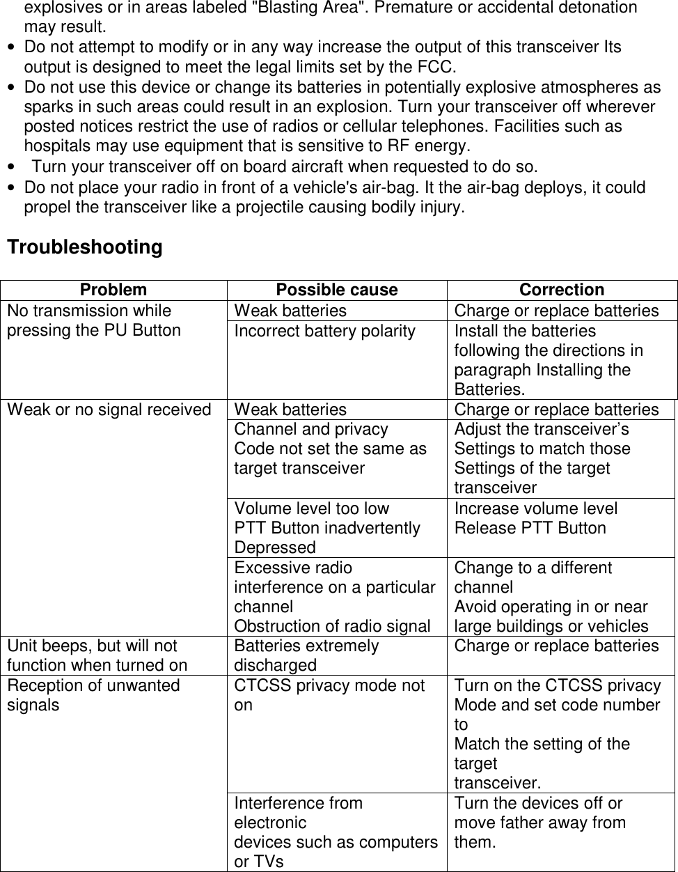 explosives or in areas labeled &quot;Blasting Area&quot;. Premature or accidental detonation may result. •  Do not attempt to modify or in any way increase the output of this transceiver Its output is designed to meet the legal limits set by the FCC. •  Do not use this device or change its batteries in potentially explosive atmospheres as sparks in such areas could result in an explosion. Turn your transceiver off wherever posted notices restrict the use of radios or cellular telephones. Facilities such as hospitals may use equipment that is sensitive to RF energy. •    Turn your transceiver off on board aircraft when requested to do so. •  Do not place your radio in front of a vehicle&apos;s air-bag. It the air-bag deploys, it could propel the transceiver like a projectile causing bodily injury.  Troubleshooting  Problem Possible cause Correction Weak batteries Charge or replace batteries No transmission while pressing the PU Button Incorrect battery polarity Install the batteries following the directions in paragraph Installing the Batteries. Weak batteries  Charge or replace batteries Channel and privacy Code not set the same as target transceiver Adjust the transceiver’s Settings to match those Settings of the target transceiver Volume level too low   PTT Button inadvertently   Depressed Increase volume level Release PTT Button Weak or no signal received Excessive radio interference on a particular channel  Obstruction of radio signal Change to a different channel Avoid operating in or near   large buildings or vehicles Unit beeps, but will not function when turned on  Batteries extremely discharged  Charge or replace batteries CTCSS privacy mode not on  Turn on the CTCSS privacy Mode and set code number to  Match the setting of the target transceiver. Reception of unwanted signals Interference from electronic devices such as computers or TVs Turn the devices off or move father away from them.   