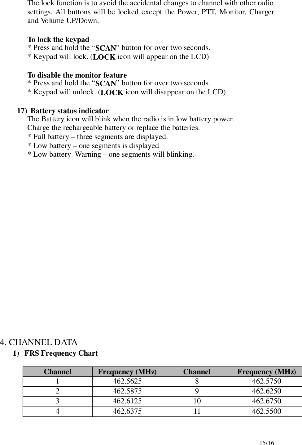 15/16The lock function is to avoid the accidental changes to channel with other radiosettings. All buttons will be locked except the Power, PTT, Monitor, Chargerand Volume UP/Down.To lock the keypad* Press and hold the “SCAN” button for over two seconds.* Keypad will lock. (LOCK icon will appear on the LCD)To disable the monitor feature* Press and hold the “SCAN” button for over two seconds.* Keypad will unlock. (LOCK icon will disappear on the LCD)17)  Battery status indicatorThe Battery icon will blink when the radio is in low battery power.Charge the rechargeable battery or replace the batteries.* Full battery – three segments are displayed.* Low battery – one segments is displayed* Low battery  Warning – one segments will blinking.4. CHANNEL DATA1) FRS Frequency ChartChannel Frequency (MHz) Channel Frequency (MHz)1 462.5625 8 462.57502 462.5875 9 462.62503 462.6125 10 462.67504 462.6375 11 462.5500