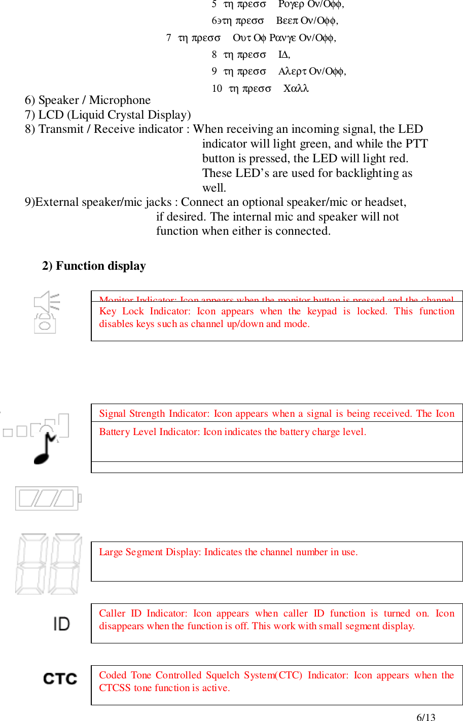 6/135 τη πρεσσ   Ρογερ Ον/Οφφ,6∋τη πρεσσ   Βεεπ Ον/Οφφ,          7 τη πρεσσ   Ουτ Οφ Ρανγε Ον/Οφφ,8 τη πρεσσ   Ι∆,9 τη πρεσσ   Αλερτ Ον/Οφφ,10 τη πρεσσ   Χαλλ6) Speaker / Microphone7) LCD (Liquid Crystal Display)8) Transmit / Receive indicator : When receiving an incoming signal, the LEDindicator will light green, and while the PTTbutton is pressed, the LED will light red.These LED’s are used for backlighting aswell.9)External speaker/mic jacks : Connect an optional speaker/mic or headset,if desired. The internal mic and speaker will notfunction when either is connected.2) Function displayMonitor Indicator: Icon appears when the monitor button is pressed and the channelmonitor function is activated.Key Lock Indicator: Icon appears when the keypad is locked. This functiondisables keys such as channel up/down and mode.Signal Strength Indicator: Icon appears when a signal is being received. The Iconconsists of five bars to indicate the received signal level.Beep Tone Indicator: Icon appears when beep tone confirmation tone is selected.Icon disappears when tone is off.Roger Beep Tone On/Off Indicator: Icon appears when the roger beep tone isselected. Icon disappears when tone is off.Battery Level Indicator: Icon indicates the battery charge level.Large Segment Display: Indicates the channel number in use.Caller ID Indicator: Icon appears when caller ID function is turned on. Icondisappears when the function is off. This work with small segment display.Coded Tone Controlled Squelch System(CTC) Indicator: Icon appears when theCTCSS tone function is active.