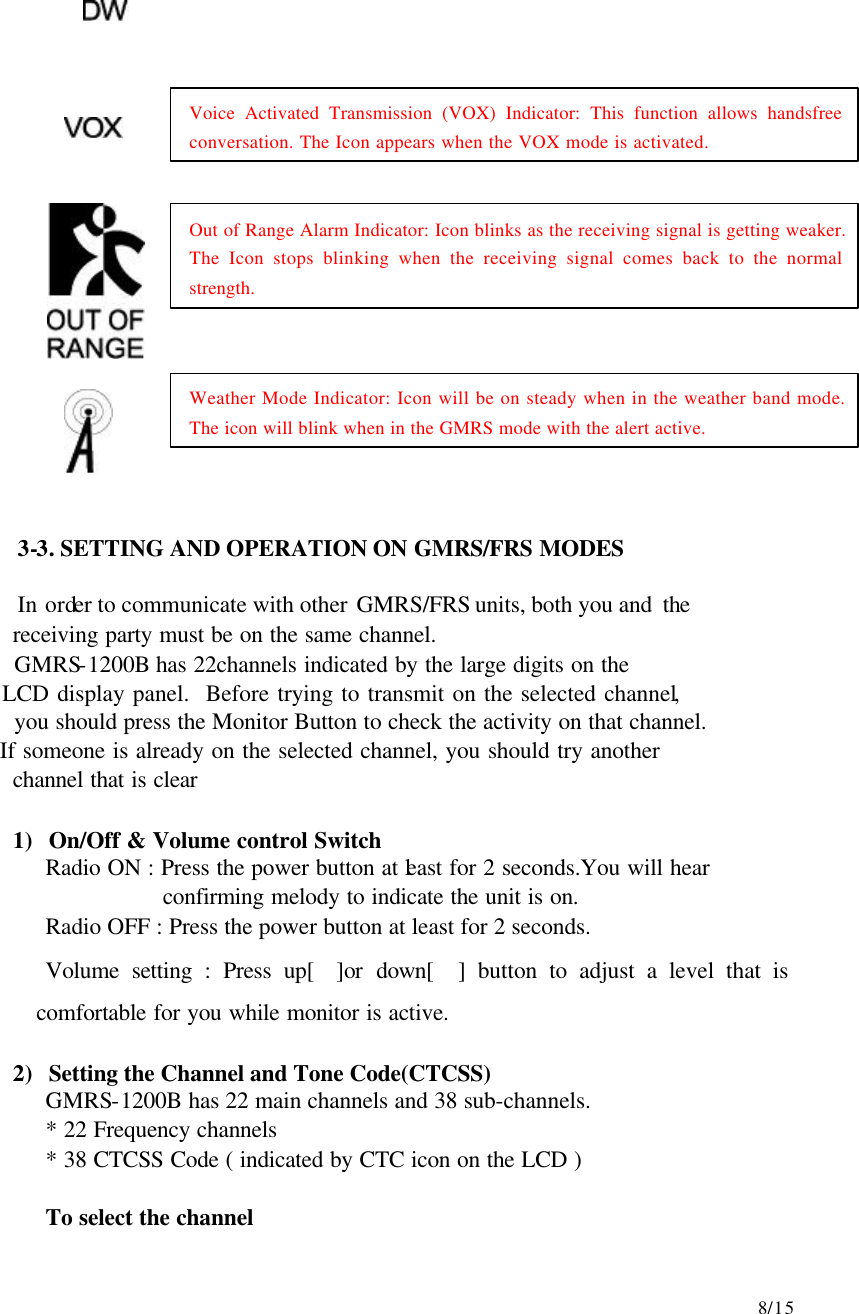     8/15          3-3. SETTING AND OPERATION ON GMRS/FRS MODES  In order to communicate with other GMRS/FRS units, both you and  the        receiving party must be on the same channel.      GMRS-1200B has 22channels indicated by the large digits on the       LCD display panel.  Before trying to transmit on the selected channel,       you should press the Monitor Button to check the activity on that channel.      If someone is already on the selected channel, you should try another        channel that is clear  1) On/Off &amp; Volume control Switch Radio ON : Press the power button at least for 2 seconds.You will hear confirming melody to indicate the unit is on.       Radio OFF : Press the power button at least for 2 seconds.    Volume setting : Press up[]or down[ ] button to adjust a level that is comfortable for you while monitor is active.  2) Setting the Channel and Tone Code(CTCSS) GMRS-1200B has 22 main channels and 38 sub-channels. * 22 Frequency channels * 38 CTCSS Code ( indicated by CTC icon on the LCD )  To select the channel Voice Activated Transmission (VOX) Indicator: This function allows handsfree conversation. The Icon appears when the VOX mode is activated.   Out of Range Alarm Indicator: Icon blinks as the receiving signal is getting weaker. The Icon stops blinking when the receiving signal comes back to the normal strength.   Weather Mode Indicator: Icon will be on steady when in the weather band mode. The icon will blink when in the GMRS mode with the alert active.   