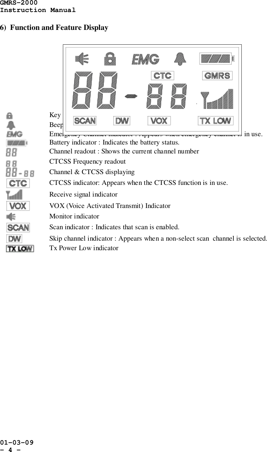 GMRS-2000Instruction Manual01-03-09- 4 -6)  Function and Feature DisplayKey lock indicator : Indicates that the key lock function is in useBeep ON/OFF indicator : Appears while key tone is in use.Emergency Channel indicator : Appears when emergency channel is in use.Battery indicator : Indicates the battery status.Channel readout : Shows the current channel numberCTCSS Frequency readoutChannel &amp; CTCSS displayingCTCSS indicator: Appears when the CTCSS function is in use.Receive signal indicatorVOX (Voice Activated Transmit) IndicatorMonitor indicatorScan indicator : Indicates that scan is enabled.Skip channel indicator : Appears when a non-select scan  channel is selected.Tx Power Low indicator