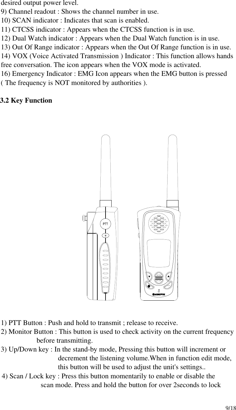     9/18 desired output power level. 9) Channel readout : Shows the channel number in use. 10) SCAN indicator : Indicates that scan is enabled. 11) CTCSS indicator : Appears when the CTCSS function is in use. 12) Dual Watch indicator : Appears when the Dual Watch function is in use. 13) Out Of Range indicator : Appears when the Out Of Range function is in use. 14) VOX (Voice Activated Transmission ) Indicator : This function allows hands free conversation. The icon appears when the VOX mode is activated. 16) Emergency Indicator : EMG Icon appears when the EMG button is pressed ( The frequency is NOT monitored by authorities ).       3.2 Key Function   MODESCANEMG  1) PTT Button : Push and hold to transmit ; release to receive.   2) Monitor Button : This button is used to check activity on the current frequency     before transmitting. 3) Up/Down key : In the stand-by mode, Pressing this button will increment or decrement the listening volume.When in function edit mode, this button will be used to adjust the unit&apos;s settings.. 4) Scan / Lock key : Press this button momentarily to enable or disable the                     scan mode. Press and hold the button for over 2seconds to lock   