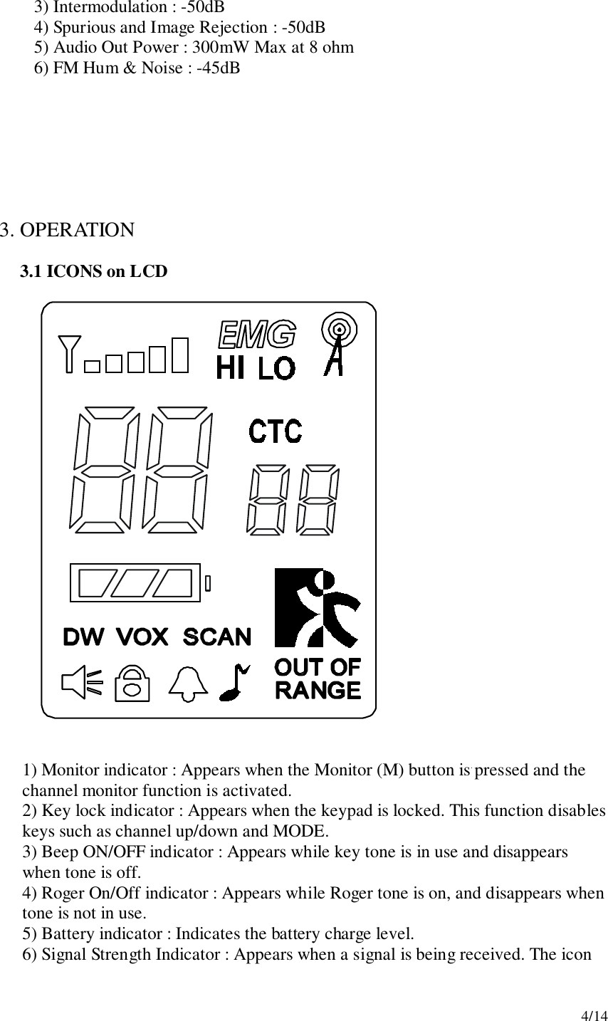 4/143) Intermodulation : -50dB4) Spurious and Image Rejection : -50dB5) Audio Out Power : 300mW Max at 8 ohm6) FM Hum &amp; Noise : -45dB 3. OPERATION3.1 ICONS on LCD              1) Monitor indicator : Appears when the Monitor (M) button is pressed and thechannel monitor function is activated.2) Key lock indicator : Appears when the keypad is locked. This function disableskeys such as channel up/down and MODE.3) Beep ON/OFF indicator : Appears while key tone is in use and disappearswhen tone is off.4) Roger On/Off indicator : Appears while Roger tone is on, and disappears whentone is not in use.5) Battery indicator : Indicates the battery charge level.6) Signal Strength Indicator : Appears when a signal is being received. The icon