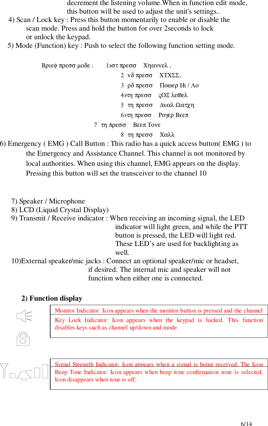 6/14decrement the listening volume.When in function edit mode,this button will be used to adjust the unit&apos;s settings..4) Scan / Lock key : Press this button momentarily to enable or disable the                    scan mode. Press and hold the button for over 2seconds to lock                    or unlock the keypad.5) Mode (Function) key : Push to select the following function setting mode. Βριεφ πρεσσ µοδε :        1∋στ πρεσσ   Χηαννελ ,2 νδ πρεσσ   ΧΤΧΣΣ,3 ρδ πρεσσ   Ποωερ Ηι / Λο4∋τη πρεσσ   ςΟΞ λεϖελ5 τη πρεσσ   ∆υαλ Ωατχη6∋τη πρεσσ   Ρογερ Βεεπ          7 τη πρεσσ   Βεεπ Τονε8 τη πρεσσ   Χαλλ       6) Emergency ( EMG ) Call Button : This radio has a quick access button( EMG ) tothe Emergency and Assistance Channel. This channel is not monitored bylocal authorities. When using this channel, EMG appears on the display.Pressing this button will set the transceiver to the channel 107) Speaker / Microphone8) LCD (Liquid Crystal Display)9) Transmit / Receive indicator : When receiving an incoming signal, the LEDindicator will light green, and while the PTTbutton is pressed, the LED will light red.These LED’s are used for backlighting aswell.10)External speaker/mic jacks : Connect an optional speaker/mic or headset,if desired. The internal mic and speaker will notfunction when either one is connected.2) Function displayMonitor Indicator: Icon appears when the monitor button is pressed and the channelmonitor function is activated.Key Lock Indicator: Icon appears when the keypad is locked. This functiondisables keys such as channel up/down and mode.Signal Strength Indicator: Icon appears when a signal is being received. The Iconconsists of five bars to indicate the received signal level.Beep Tone Indicator: Icon appears when beep tone confirmation tone is selected.Icon disappears when tone is off.