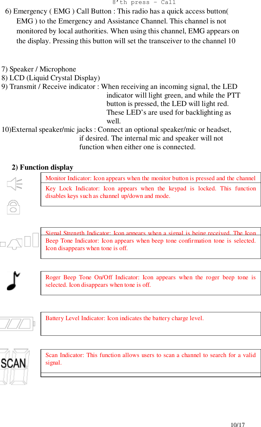 10/178’th press – Call       6) Emergency ( EMG ) Call Button : This radio has a quick access button(EMG ) to the Emergency and Assistance Channel. This channel is notmonitored by local authorities. When using this channel, EMG appears onthe display. Pressing this button will set the transceiver to the channel 107) Speaker / Microphone8) LCD (Liquid Crystal Display)9) Transmit / Receive indicator : When receiving an incoming signal, the LEDindicator will light green, and while the PTTbutton is pressed, the LED will light red.These LED’s are used for backlighting aswell.10)External speaker/mic jacks : Connect an optional speaker/mic or headset,if desired. The internal mic and speaker will notfunction when either one is connected.2) Function displayMonitor Indicator: Icon appears when the monitor button is pressed and the channelmonitor function is activated.Key Lock Indicator: Icon appears when the keypad is locked. This functiondisables keys such as channel up/down and mode.Signal Strength Indicator: Icon appears when a signal is being received. The Iconconsists of five bars to indicate the received signal level.Beep Tone Indicator: Icon appears when beep tone confirmation tone is selected.Icon disappears when tone is off.Roger Beep Tone On/Off Indicator: Icon appears when the roger beep tone isselected. Icon disappears when tone is off.Battery Level Indicator: Icon indicates the battery charge level.Large Segment Display: Indicates the channel number in use.Scan Indicator: This function allows users to scan a channel to search for a validsignal.