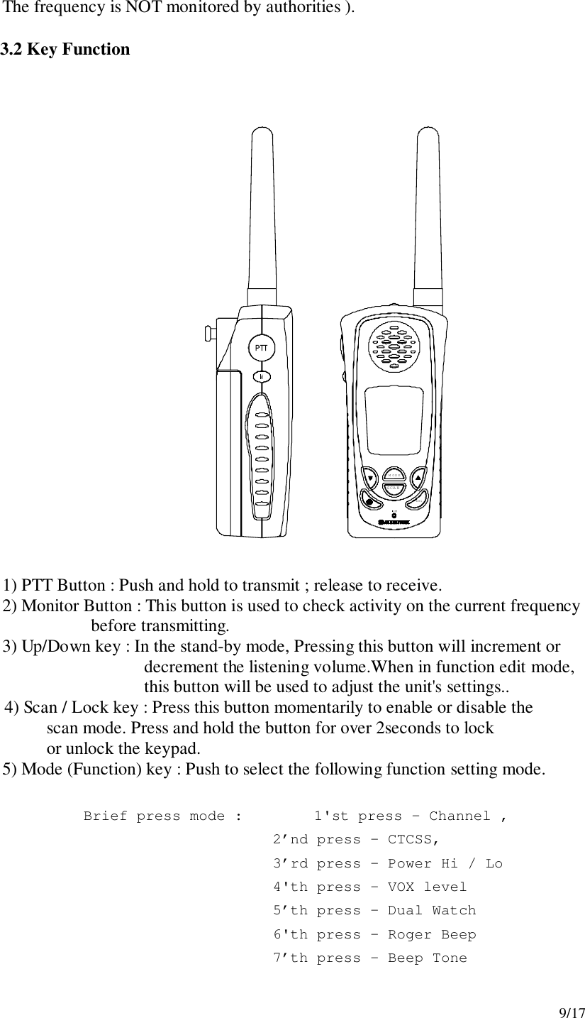 9/17The frequency is NOT monitored by authorities ).3.2 Key FunctionM ODESCA NEMG1) PTT Button : Push and hold to transmit ; release to receive.2) Monitor Button : This button is used to check activity on the current frequency    before transmitting.3) Up/Down key : In the stand-by mode, Pressing this button will increment ordecrement the listening volume.When in function edit mode,this button will be used to adjust the unit&apos;s settings..4) Scan / Lock key : Press this button momentarily to enable or disable the                    scan mode. Press and hold the button for over 2seconds to lock                    or unlock the keypad.5) Mode (Function) key : Push to select the following function setting mode. Brief press mode :        1&apos;st press – Channel ,2’nd press – CTCSS,3’rd press – Power Hi / Lo4&apos;th press – VOX level5’th press – Dual Watch6&apos;th press – Roger Beep          7’th press – Beep Tone