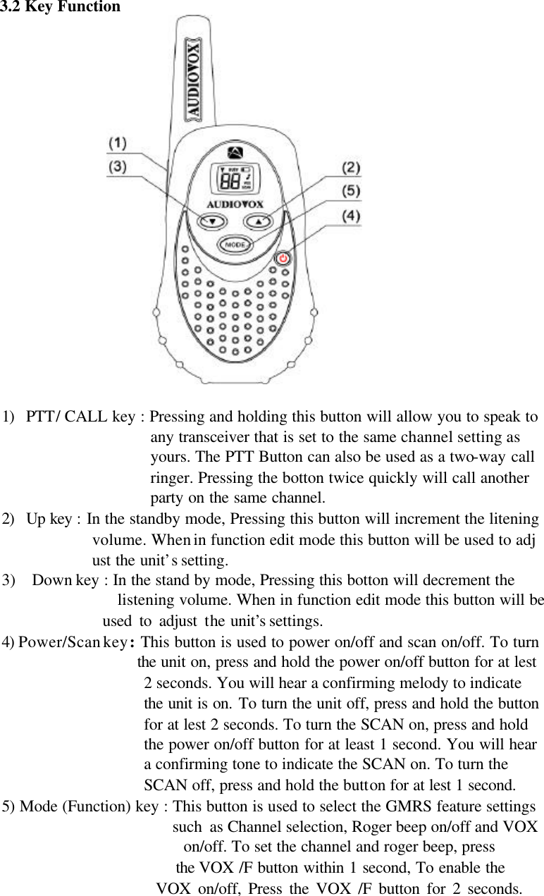 3.2 Key Function  1) PTT/ CALL key : Pressing and holding this button will allow you to speak to any transceiver that is set to the same channel setting as yours. The PTT Button can also be used as a two-way call ringer. Pressing the botton twice quickly will call another party on the same channel. 2) Up key : In the standby mode, Pressing this button will increment the litening volume. When in function edit mode this button will be used to adj ust the unit’s setting. 3)  Down key : In the stand by mode, Pressing this botton will decrement the listening volume. When in function edit mode this button will be                    used to adjust the unit’s settings. 4) Power/Scan key : This button is used to power on/off and scan on/off. To turn                  the unit on, press and hold the power on/off button for at lest   2 seconds. You will hear a confirming melody to indicate the unit is on. To turn the unit off, press and hold the button for at lest 2 seconds. To turn the SCAN on, press and hold the power on/off button for at least 1 second. You will hear a confirming tone to indicate the SCAN on. To turn the SCAN off, press and hold the button for at lest 1 second. 5) Mode (Function) key : This button is used to select the GMRS feature settings                       such as Channel selection, Roger beep on/off and VOX on/off. To set the channel and roger beep, press                       the VOX /F button within 1 second, To enable the                       VOX on/off, Press the VOX /F button for 2 seconds. 