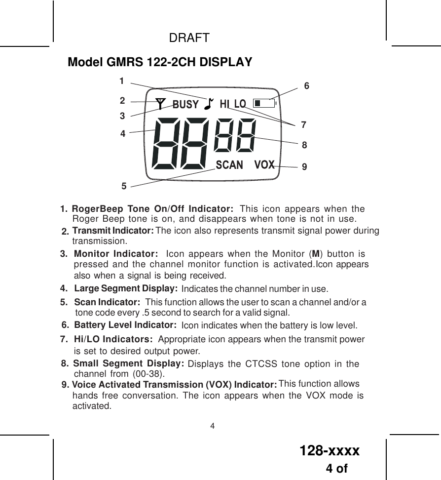 128-xxxx4 of DRAFTModel GMRS 122-2CH DISPLAY41. RogerBeep Tone On/Off Indicator: 2.3. Monitor Indicator:  Icon appears when the Monitor (M) button ispressed and the channel monitor function is activated.Icon appearsalso when a signal is being received.  The icon also represents transmit signal power during   4. Large Segment Display:  Indicates the channel number in use.5. Scan Indicator:  This function allows the user to scan a channel and/or atone code every .5 second to search for a valid signal.  6. Battery Level Indicator:  Icon indicates when the battery is low level.7.  Hi/LO Indicators:  Appropriate icon appears when the transmit poweris set to desired output power.786543219Roger Beep tone is on, and disappears when tone is not in use.Transmit Indicator:transmission.This icon appears when the8. Small Segment Display:  Displays the CTCSS tone option in thechannel from (00-38). 9. Voice Activated Transmission (VOX) Indicator:  This function allowshands free conversation. The icon appears when the VOX mode isactivated.