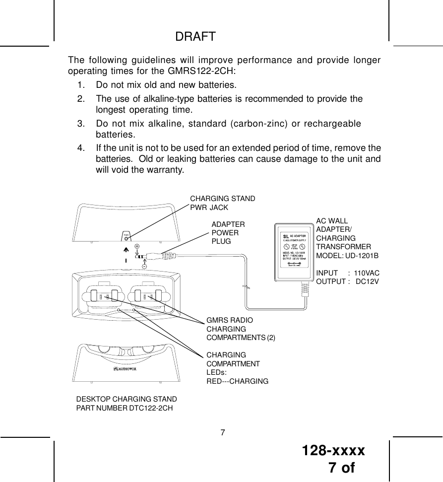 128-xxxx7 of DRAFT7The following guidelines will improve performance and provide longeroperating times for the GMRS122-2CH:1. Do not mix old and new batteries.2. The use of alkaline-type batteries is recommended to provide thelongest operating time.3. Do not mix alkaline, standard (carbon-zinc) or rechargeablebatteries.4. If the unit is not to be used for an extended period of time, remove thebatteries.  Old or leaking batteries can cause damage to the unit andwill void the warranty.AC WALLADAPTER/CHARGINGTRANSFORMERMODEL: UD-1201BINPUT     :  110VACOUTPUT :   DC12VDESKTOP CHARGING STANDPART NUMBER DTC122-2CHCHARGING STANDPWR JACKADAPTERPOWERPLUGGMRS RADIOCHARGINGCOMPARTMENTS (2)PWRCHARGINGCOMPARTMENTLEDs:RED---CHARGING+-