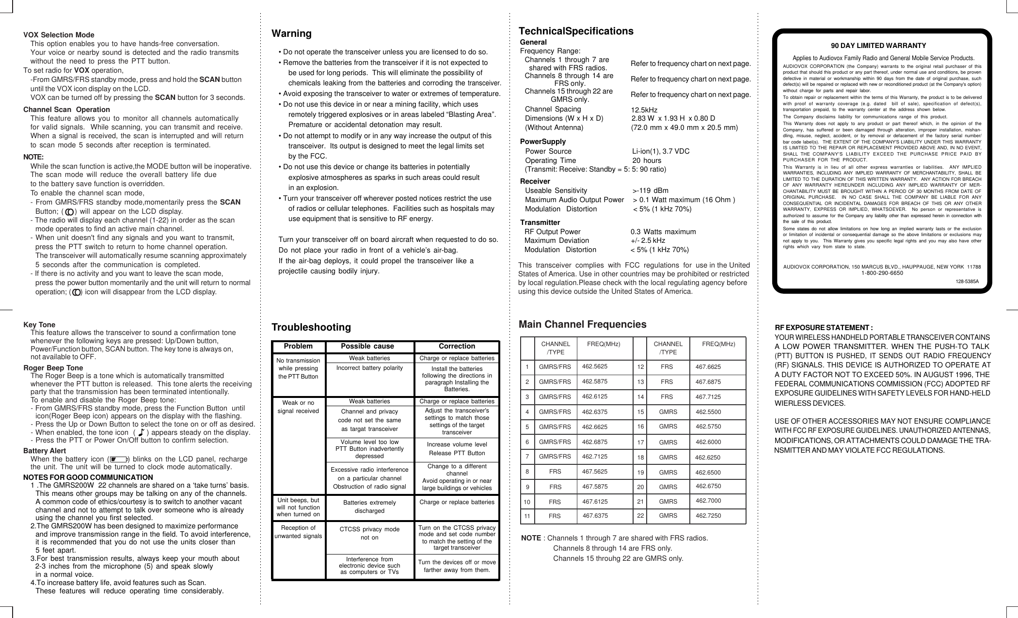 VOX Selection ModeThis option enables you to have hands-free conversation.Your voice or nearby sound is detected and the radio transmits  without the need to press the PTT button.To set radio for VOX operation,-From GMRS/FRS standby mode, press and hold the SCAN button until the VOX icon display on the LCD.VOX can be turned off by pressing the SCAN button for 3 seconds.Channel Scan  OperationThis feature allows you to monitor all channels automaticallyfor valid signals.  While scanning, you can transmit and receive.When a signal is received, the scan is interrupted and will returnto scan mode 5 seconds after reception is terminated.NOTE:While the scan function is active,the MODE button will be inoperative.The scan mode will reduce the overall battery life due     to the battery save function is overridden.    To enable the channel scan mode,- From GMRS/FRS standby mode,momentarily press the SCANButton; (    ) will appear on the LCD display.  - The radio will display each channel (1-22) in order as the scanmode operates to find an active main channel.- When unit doesn&apos;t find any signals and you want to transmit,press the PTT switch to return to home channel operation.5 seconds after the communication is completed.The transceiver will automatically resume scanning approximately - If there is no activity and you want to leave the scan mode,press the power button momentarily and the unit will return to normaloperation; (    ) icon will disappear from the LCD display.Key ToneThis feature allows the transceiver to sound a confirmation tonewhenever the following keys are pressed: Up/Down button, not available to OFF.Power/Function button, SCAN button. The key tone is always on,NOTES FOR GOOD COMMUNICATION1 .The GMRS200W  22 channels are shared on a ‘take turns’ basis.This means other groups may be talking on any of the channels. A common code of ethics/courtesy is to switch to another vacantchannel and not to attempt to talk over someone who is alreadyusing the channel you first selected.2.The GMRS200W has been designed to maximize performance and improve transmission range in the field. To avoid interference, it is recommended that you do not use the units closer than5 feet apart.3.For best transmission results, always keep your mouth about2-3 inches from the microphone (5) and speak slowly in a normal voice.4.To increase battery life, avoid features such as Scan. These features will reduce operating time considerably. Warning• Do not operate the transceiver unless you are licensed to do so.chemicals leaking from the batteries and corroding the transceiver.Premature or accidental detonation may result.• Remove the batteries from the transceiver if it is not expected tobe used for long periods.  This will eliminate the possibility of • Avoid exposing the transceiver to water or extremes of temperature.• Do not use this device in or near a mining facility, which usesremotely triggered explosives or in areas labeled “Blasting Area”.  • Do not attempt to modify or in any way increase the output of thistransceiver.  Its output is designed to meet the legal limits setby the FCC.• Do not use this device or change its batteries in potentially explosive atmospheres as sparks in such areas could resultin an explosion. • Turn your transceiver off wherever posted notices restrict the use of radios or cellular telephones.  Facilities such as hospitals mayuse equipment that is sensitive to RF energy. TroubleshootingProblem Possible cause CorrectionNo transmission Weak batteries Charge or replace batterieswhile pressing Incorrect battery polarityWeak batteriesChannel and privacycode not set the sameas targat transceiverVolume level too lowPTT Button inadvertentlydepressedExcessive radio interferenceon a particular channelObstruction of radio signalBatteries extremelydischargedCTCSS privacy modenot onInterference fromelectronic device suchas computers or TVsInstall the batteriesthe PTT ButtonUnit beeps, butwill not functionwhen turned onWeak or nosignal receivedReception ofunwanted signalsfollowing the directions inparagraph Installing theBatteries.Charge or replace batteriesCharge or replace batteriesAdjust the transceiver&apos;ssettings to match thosesettings of the targettransceiverChange to a differentchannelIncrease volume levelRelease PTT ButtonTurn the devices off or movefarther away from them.Avoid operating in or nearlarge buildings or vehiclesTurn on the CTCSS privacymode and set code numberto match the setting of thetarget transceiverTurn your transceiver off on board aircraft when requested to do so.Do not place your radio in front of a vehicle’s air-bag.If the air-bag deploys, it could propel the transceiver like aprojectile causing bodily injury. GeneralFrequency Range:Channels 1 through 7 are   shared with FRS radios. Refer to frequency chart on next page.Channels 8 through 14 areFRS only.Channels 15 through 22 areGMRS only.Channel Spacing 12.5kHzDimensions (W x H x D)               2.83 W  x 1.93 H  x 0.80 D(Without Antenna)                    (72.0 mm x 49.0 mm x 20.5 mm)Power SupplyPower  Source                                   Li-ion(1), 3.7 VDCOperating Time                    20 hours (Transmit: Receive: Standby = 5: 5: 90 ratio)ReceiverUseable Sensitivity               &gt;-119 dBmMaximum Audio Output Power    &gt; 0.1 Watt maximum (16 Ohm )Modulation  Distortion                  &lt; 5% (1 kHz 70%)TransmitterRF Output Power                  0.3 Watts maximum Maximum  Deviation                          +/- 2.5 kHzModulation  Distortion                 &lt; 5% (1 kHz 70%)Technical Specifications CHANNEL/TYPEFREQ(MHz) CHANNEL/TYPEFREQ(MHz)1      GMRS/FRS 462.5625  12          FRS 467.6625 2      GMRS/FRS 462.5875  13          FRS 467.6875 3      GMRS/FRS 462.6125  14          FRS 467.7125 4      GMRS/FRS 462.6375 5      GMRS/FRS 462.6625 6      GMRS/FRS 462.6875 7      GMRS/FRS 462.7125 8            FRS 467.5625 9            FRS 467.5875 10           FRS 467.6125 11           FRS467.6375 15         GMRS 462.5500 16         GMRS 462.5750 17         GMRS 462.6000 18         GMRS 462.6250 19         GMRS 462.6500 20         GMRS 462.6750 21         GMRS 462.7000 22         GMRS 462.7250 This  transceiver  complies  with  FCC  regulations  for  use in the UnitedStates of America. Use in other countries may be prohibited or restrictedby local regulation.Please check with the local regulating agency beforeusing this device outside the United States of America.Main Channel FrequenciesNOTE : Channels 1 through 7 are shared with FRS radios.                Channels 8 through 14 are FRS only.                Channels 15 throuhg 22 are GMRS only.Roger Beep Toneparty that the transmission has been terminated intentionally. whenever the PTT button is released.  This tone alerts the receivingThe Roger Beep is a tone which is automatically transmitted  To enable and disable the Roger Beep tone:- From GMRS/FRS standby mode, press the Function Button  until icon(Roger Beep icon) appears on the display with the flashing.- Press the Up or Down Button to select the tone on or off as desired.- When enabled, the tone icon  (     ) appears steady on the display. - Press the PTT or Power On/Off button to confirm selection.Battery AlertWhen the battery icon (      ) blinks on the LCD panel, rechargethe unit. The unit will be turned to clock mode automatically.  Refer to frequency chart on next page.Refer to frequency chart on next page.90 DAY LIMITED WARRANTYAUDIOVOX CORPORATION, 150 MARCUS BLVD., HAUPPAUGE, NEW YORK  117881-800-290-6650128-5385AApplies to Audiovox Family Radio and General Mobile Service Products.AUDIOVOX CORPORATION (the Company) warrants to the original retail purchaser of thisproduct that should this product or any part thereof, under normal use and conditions, be provendefective in material or workmanship within 90 days from the date of original purchase, suchdefect(s) will be repaired or replaced with new or reconditioned product (at the Company&apos;s option)without charge for parts and repair labor.To obtain repair or replacement within the terms of this Warranty, the product is to be deliveredwith proof of warranty coverage (e.g. dated  bill of sale), specification of defect(s),transportation prepaid, to the warranty center at the address shown below.The Company disclaims liability for communications range of this product.This Warranty does not apply to any product or part thereof which, in the opinion of theCompany, has suffered or been damaged through alteration, improper installation, mishan-dling, misuse, neglect, accident, or by removal or defacement of the factory serial number/bar code label(s).  THE EXTENT OF THE COMPANY&apos;S LIABILITY UNDER THIS WARRANTYIS LIMITED TO THE REPAIR OR REPLACEMENT PROVIDED ABOVE AND, IN NO EVENT,SHALL THE COMPANY&apos;S LIABILITY EXCEED THE PURCHASE PRICE PAID BYPURCHASER  FOR THE PRODUCT.This Warranty is in lieu of all other express warranties or liabilities.  ANY IMPLIEDWARRANTIES, INCLUDING ANY IMPLIED WARRANTY OF MERCHANTABILITY, SHALL BELIMITED TO THE DURATION OF THIS WRITTEN WARRANTY.  ANY ACTION FOR BREACHOF ANY WARRANTY HEREUNDER INCLUDING ANY IMPLIED WARRANTY OF MER-CHANTABILITY MUST BE BROUGHT WITHIN A PERIOD OF 30 MONTHS FROM DATE OFORIGINAL PURCHASE.  IN NO CASE SHALL THE COMPANY BE LIABLE FOR ANYCONSEQUENTIAL OR INCIDENTAL DAMAGES FOR BREACH OF THIS OR ANY OTHERWARRANTY, EXPRESS OR IMPLIED, WHATSOEVER.  No person or representative isauthorized to assume for the Company any liability other than expressed herein in connection withthe sale of this product.Some states do not allow limitations on how long an implied warranty lasts or the exclusionor limitation of incidental or consequential damage so the above limitations or exclusions maynot apply to you.  This Warranty gives you specific legal rights and you may also have otherrights which vary from state to state.RF EXPOSURE STATEMENT :YOUR WIRELESS HANDHELD PORTABLE TRANSCEIVER CONTAINS(PTT) BUTTON IS PUSHED, IT SENDS OUT RADIO FREQUENCYA LOW POWER TRANSMITTER. WHEN THE PUSH-TO TALK(RF) SIGNALS. THIS DEVICE IS AUTHORIZED TO OPERATE ATFEDERAL COMMUNICATIONS COMMISSION (FCC) ADOPTED RFA DUTY FACTOR NOT TO EXCEED 50%. IN AUGUST 1996, THEEXPOSURE GUIDELINES WITH SAFETY LEVELS FOR HAND-HELDWIERLESS DEVICES.USE OF OTHER ACCESSORIES MAY NOT ENSURE COMPLIANCEWITH FCC RF EXPOSURE GUIDELINES. UNAUTHORIZED ANTENNAS,MODIFICATIONS, OR ATTACHMENTS COULD DAMAGE THE TRA-NSMITTER AND MAY VIOLATE FCC REGULATIONS.