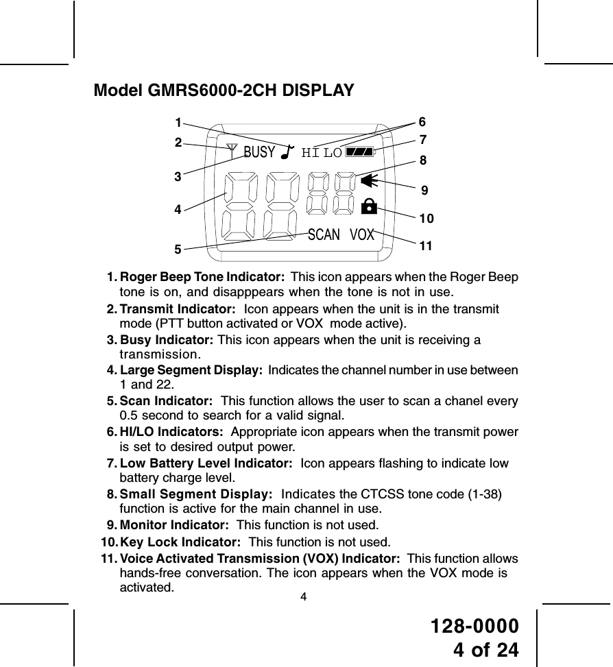 128-00004 of 244Model GMRS6000-2CH DISPLAY1. Roger Beep Tone Indicator:  This icon appears when the Roger Beeptone is on, and disapppears when the tone is not in use.2. Transmit Indicator:  Icon appears when the unit is in the transmitmode (PTT button activated or VOX  mode active).3. Busy Indicator: This icon appears when the unit is receiving atransmission.4. Large Segment Display:  Indicates the channel number in use between1 and 22.5. Scan Indicator:  This function allows the user to scan a chanel every0.5 second to search for a valid signal.6. HI/LO Indicators:  Appropriate icon appears when the transmit poweris set to desired output power.7. Low Battery Level Indicator:  Icon appears flashing to indicate lowbattery charge level.8. Small Segment Display:  Indicates the CTCSS tone code (1-38)function is active for the main channel in use.9. Monitor Indicator:  This function is not used.10.Key Lock Indicator:  This function is not used.11. Voice Activated Transmission (VOX) Indicator:  This function allowshands-free conversation. The icon appears when the VOX mode isactivated.9101178124356LOHI
