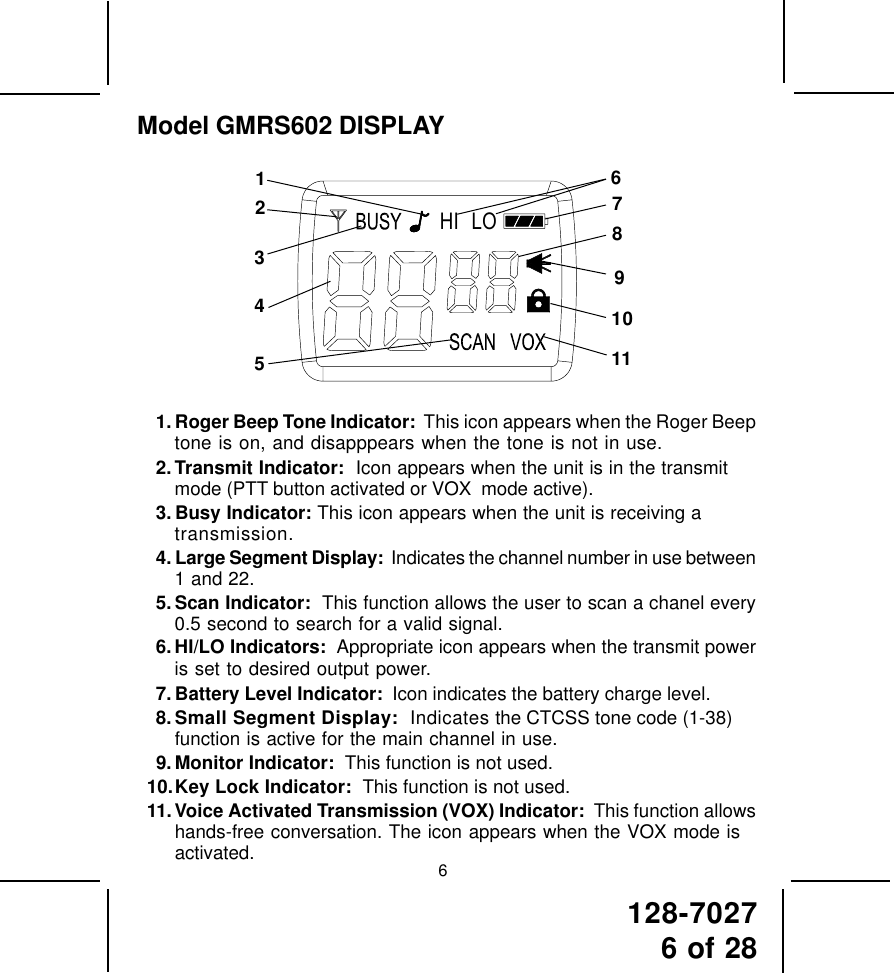 128-70276 of 286Model GMRS602 DISPLAY1. Roger Beep Tone Indicator:  This icon appears when the Roger Beeptone is on, and disapppears when the tone is not in use.2. Transmit Indicator:  Icon appears when the unit is in the transmitmode (PTT button activated or VOX  mode active).3. Busy Indicator: This icon appears when the unit is receiving atransmission.4. Large Segment Display:  Indicates the channel number in use between1 and 22.5. Scan Indicator:  This function allows the user to scan a chanel every0.5 second to search for a valid signal.6. HI/LO Indicators:  Appropriate icon appears when the transmit poweris set to desired output power.7. Battery Level Indicator:  Icon indicates the battery charge level.8.Small Segment Display:  Indicates the CTCSS tone code (1-38)function is active for the main channel in use.9. Monitor Indicator:  This function is not used.10.Key Lock Indicator:  This function is not used.11. Voice Activated Transmission (VOX) Indicator:  This function allowshands-free conversation. The icon appears when the VOX mode isactivated.9101178124356LOHI