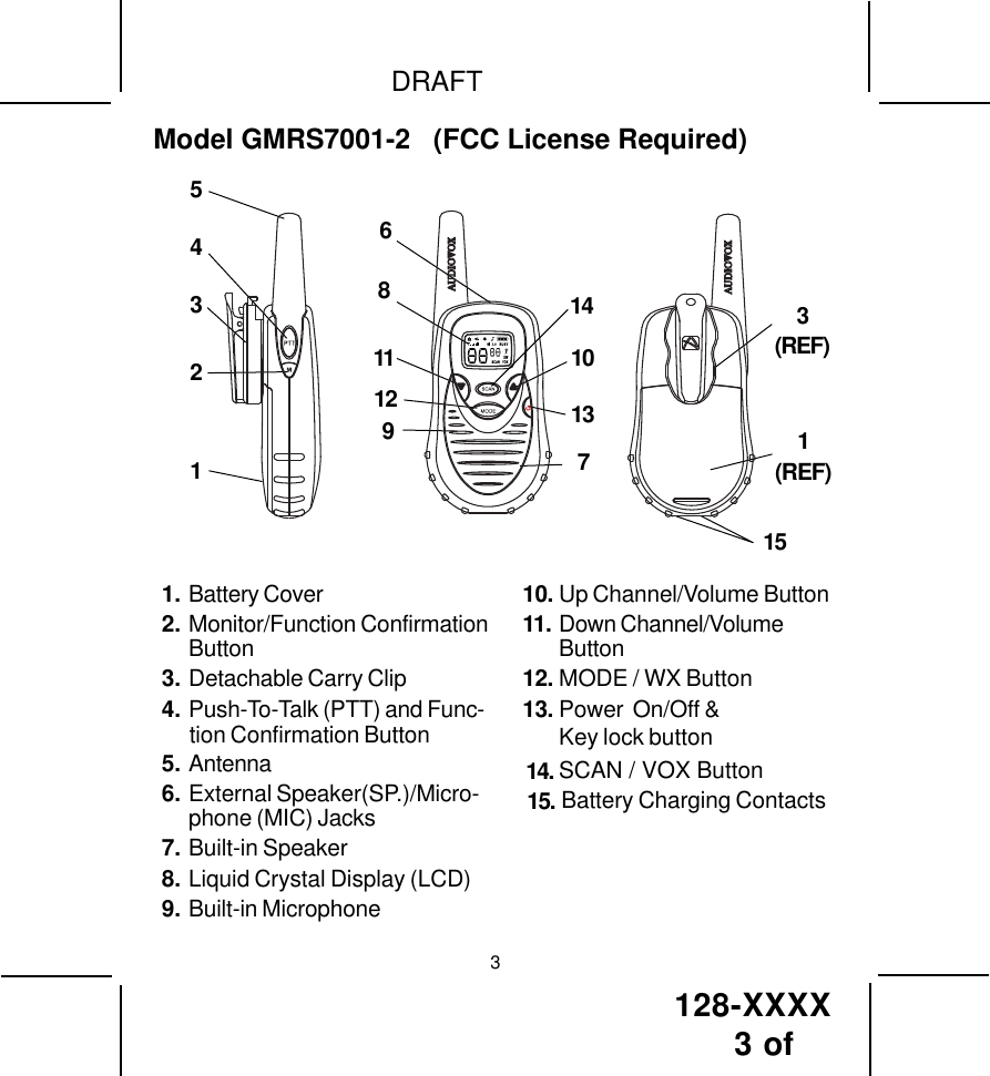 128-XXXX3 of DRAFT31. Battery Cover2. Monitor/Function ConfirmationButton3. Detachable Carry Clip4. Push-To-Talk (PTT) and Func-tion Confirmation Button5. Antenna6. External Speaker(SP.)/Micro-phone (MIC) Jacks7. Built-in Speaker8. Liquid Crystal Display (LCD)9. Built-in MicrophoneModel GMRS7001-2   (FCC License Required)10. Up Channel/Volume Button11. Down Channel/VolumeButton12. MODE / WX Button13. Power  On/Off &amp; Key lock buttonSCAN / VOX Button   14. Battery Charging Contacts1535412913118101273(REF)1(REF)615.14