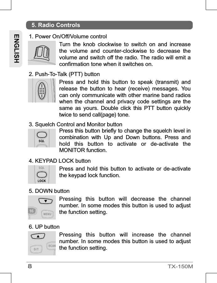 8TX-150M1. Power On/Off/Volume control5. DOWN button6. UP buttonTurn  the  knob  clockwise  to  switch  on  and  increase the  volume  and  counter-clockwise  to  decrease  the volume and switch off the radio. The radio will emit a confirmation tone when it switches on.2. Push-To-Talk (PTT) buttonPress  and  hold  this  button  to  speak  (transmit)  and release  the  button  to  hear  (receive)  messages.  You can only communicate with other marine band radios  when the  channel  and privacy  code settings are  the same  as  yours.  Double  click  this  PTT  button  quickly twice to send call(page) tone.Pressing  this  button  will  decrease  the  channel number. In some modes this button is used to adjust the function setting.Pressing  this  button  will  increase  the  channel number. In some modes this button is used to adjust the function setting.ENGLISH5. Radio Controls3. Squelch Control and Monitor buttonPress this button briefly to change the squelch level in combination  with  Up  and  Down  buttons.  Press  and hold  this  button  to  activate  or  de-activate  the MONITOR function.  4. KEYPAD LOCK buttonPress  and hold  this  button  to activate  or  de-activate the keypad lock function.MENUSCAND /T