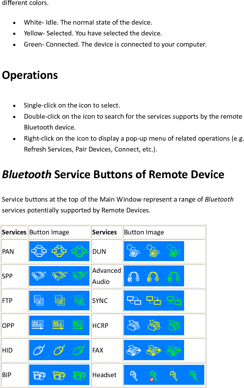 differentcolors.&bull; White‐Idle.Thenormalstateofthedevice.&bull; Yellow‐Selected.Youhaveselectedthedevice.&bull; Green‐Connected.Thedeviceisconnectedtoyourcomputer.Operations&bull; Single‐clickontheicontoselect.&bull; Double‐clickontheicontosearchfortheservicessupportsbytheremoteBluetoothdevice.&bull; Right‐clickontheicontodisplayapop‐upmenuofrelatedoperations(e.g.RefreshServices,PairDevices,Connect,etc.).BluetoothServiceButtonsofRemoteDeviceServicebuttonsatthetopoftheMainWindowrepresentarangeofBluetoothservicespotentiallysupportedbyRemoteDevices.ServicesButtonImageServicesButtonImagePANDUNSPPAdvancedAudioFTPSYNCOPPHCRPHIDFAXBIPHeadset