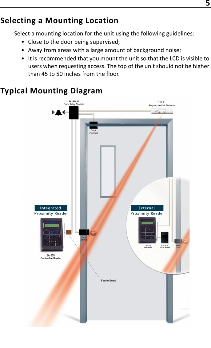 5Selecting a Mounting LocationSelect a mounting location for the unit using the following guidelines:• Close to the door being supervised;• Away from areas with a large amount of background noise;• It is recommended that you mount the unit so that the LCD is visible to users when requesting access. The top of the unit should not be higher than 45 to 50 inches from the floor. Typical Mounting Diagram